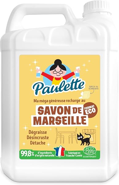 Paulette - Savon de Marseille Concentré Authentique - Dégraissant Ménager Surpuissant au Bicarbonate, Multi-Surfaces Ecocert - Fabriqué en France - 1 L - 5