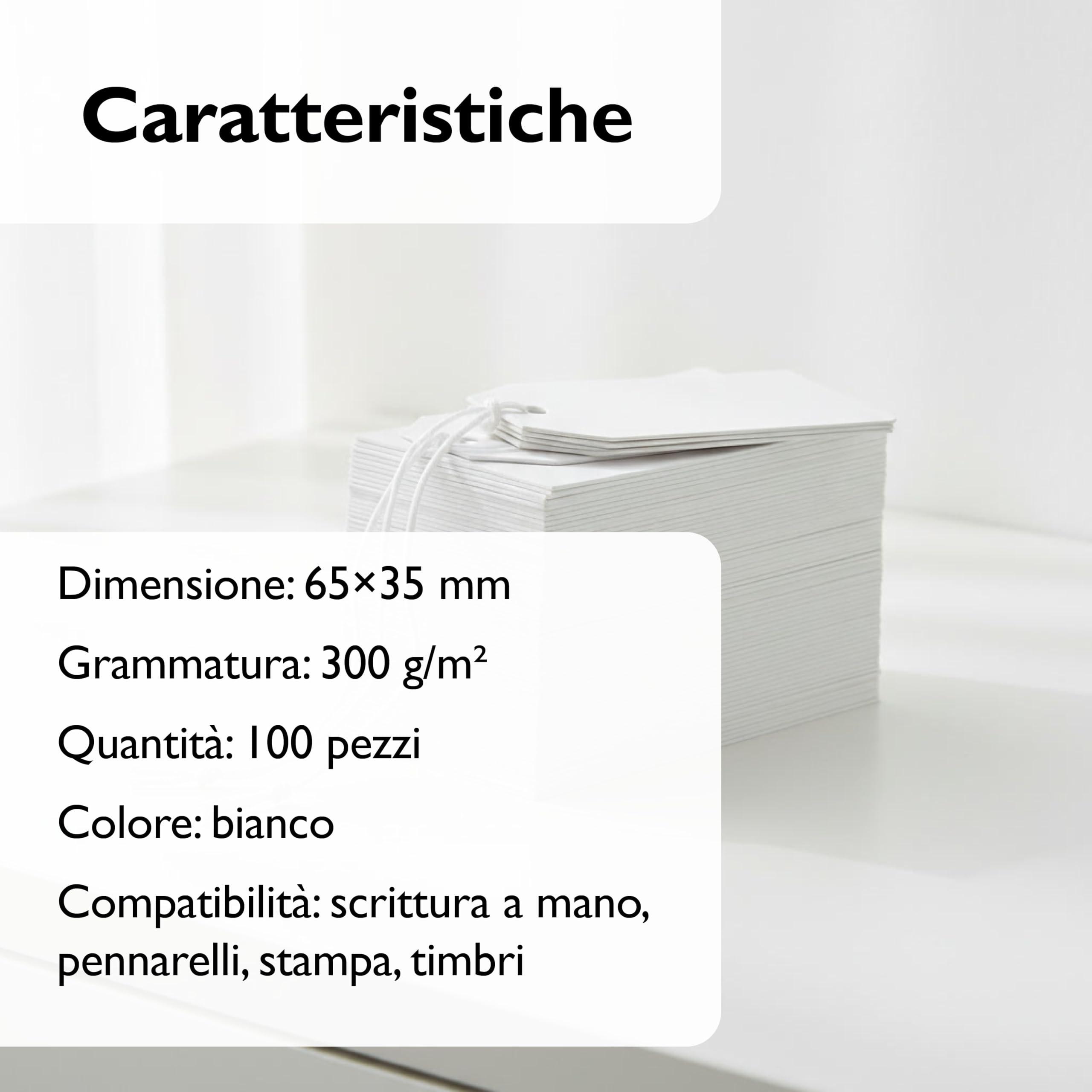 Cartellini Bianchi Premium, 65x35 mm, 300 g/m², 200 Pezzi con Laccetti (già infilati), Cartellini per Etichette Prodotti e Prezzi