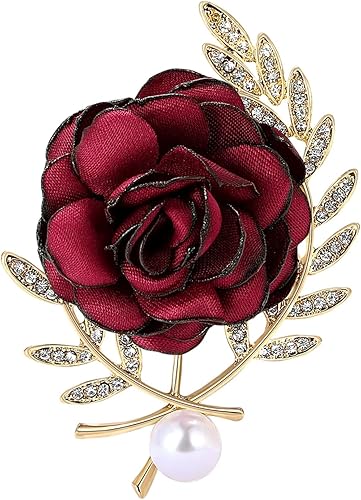 Elegante broche de rosa de tela con diamantes de imitación de hoja de perlas para mujer, accesorio vintage para bodas, fiestas, bufandas
