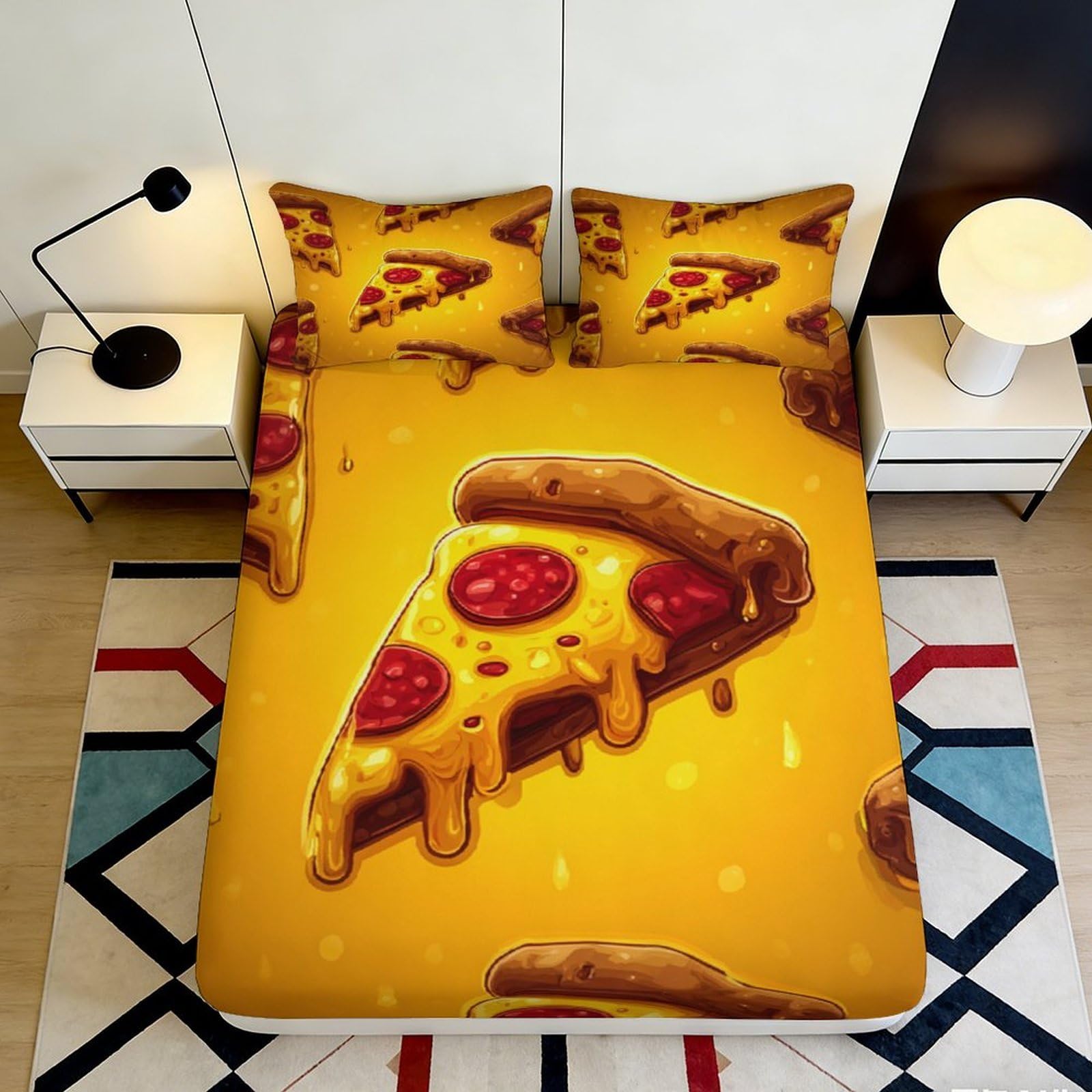 3D Printed Pepperoni Pizza Fitted Sheet Microfiber Soft Yellow Cheese Slice Bed Sheet for Bedroom Dorm Mattress Cover Decor 90x200x25cm