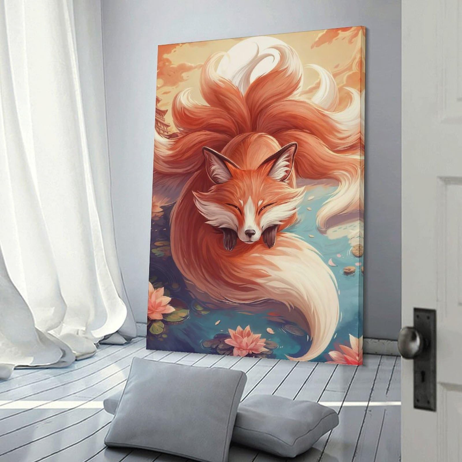 Junmoney Frame-Style-23 Sunset Nine Tailed Fox Canvas Wall Picture, 20X30inch(50X75cm), For Study, Office Or Focused Interiors, Home Office Artwork With Decorative Appeal