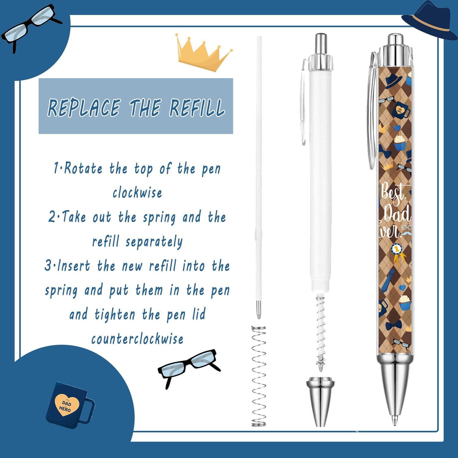 36 Pcs Father's Day Pens Bulk Dad Party Favors Novelty Cute Pen for Father Retractable Ballpoint Gift Dad for Desk Decoration Accessories Office Funny Office Black Ink for Women Men