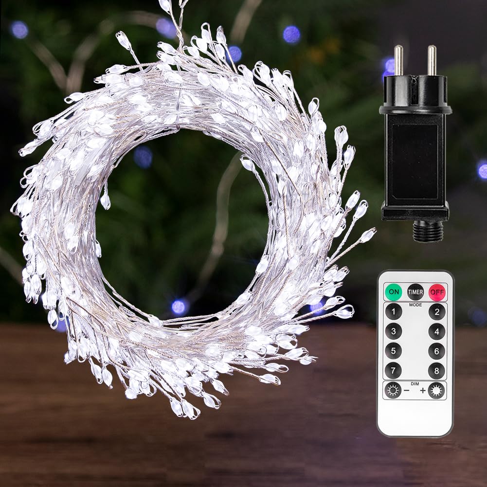Les Lumières Fées Branchables, 15mètre 500LED Blanc Froid Fil Argenté Feux d'Artifice Lucioles avec Commande à Distance, Étanches Fils Cuivrés pour Décoration de Chambre, Couronne