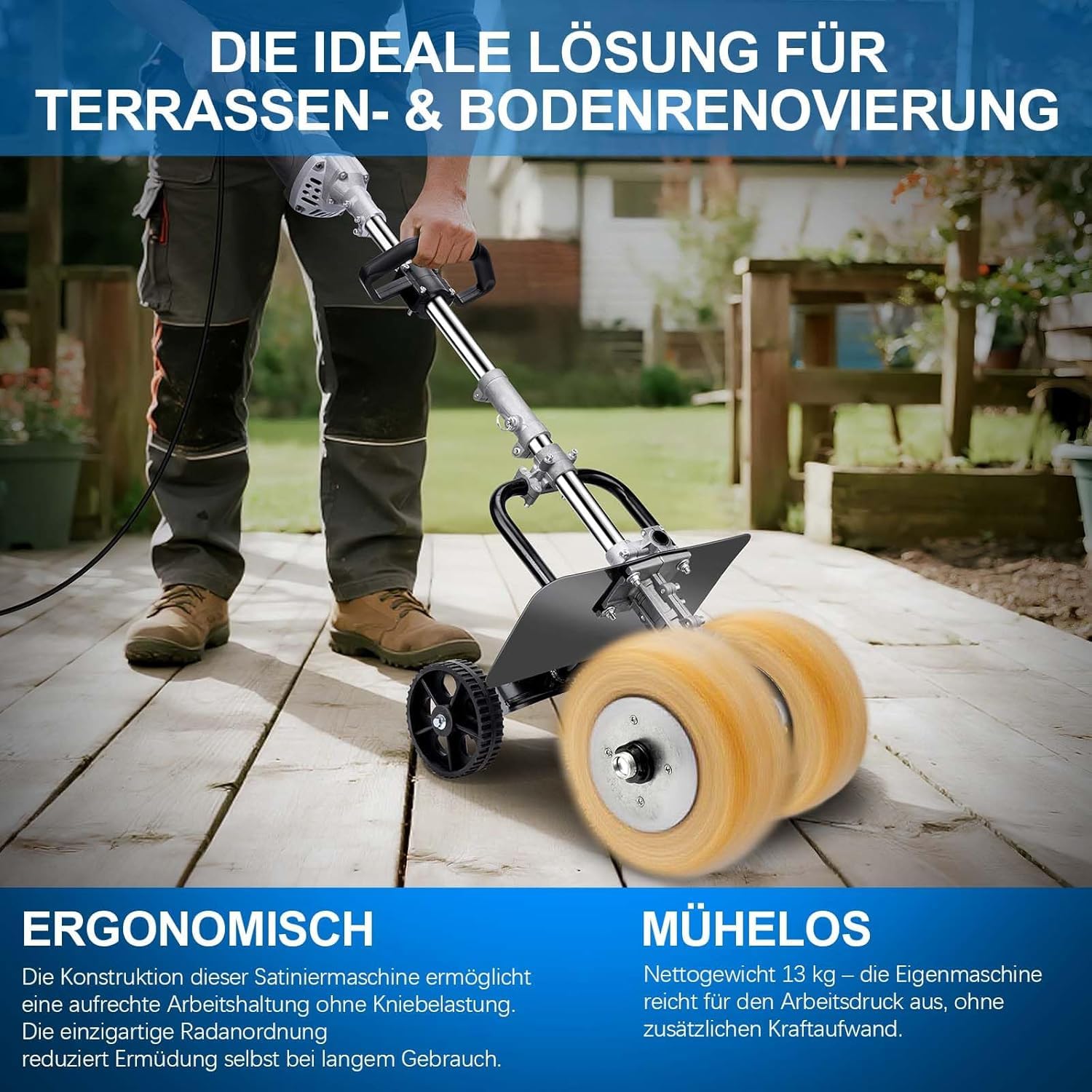 3850W 6in1 Satiniermaschine für Holz Metall, Unkrautentferner zum Fugen | 2X Ø180mm Schleifbürste, 4000RPM, 6 Stufen, Schleifmaschine mit Lang Griff, Bürstenschleifer zur Renovierung von Oberflächen