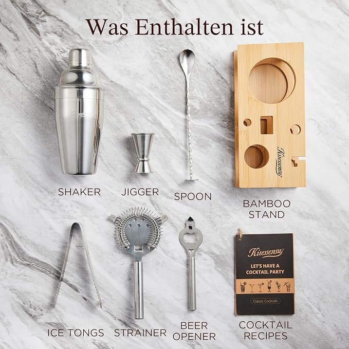 KITESSENSU Cocktail Shaker Set Bartender Kit with Stand | Bar Set Drink Mixer Set with All Essential Accessory Tools: Martini Shaker, Jigger, Strainer, Mixer Spoon, Muddler, Liquor Pourers |Silver