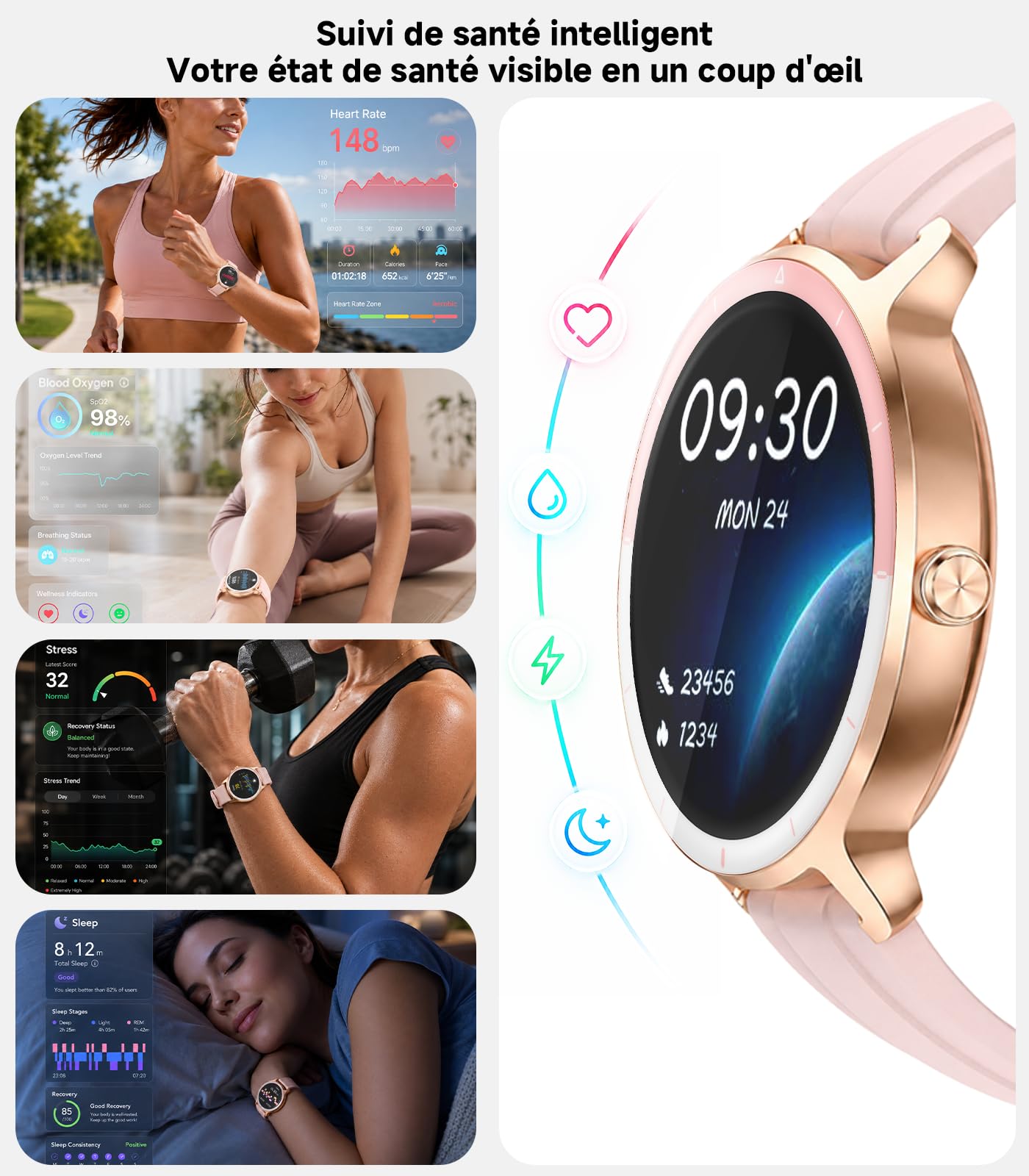 Montre intelligente femme,ultra-mince 0,39",suivi 24H | Appels Bluetooth, ip68 étanche, fréquence cardiaque / cycle Tracker, 100 + modes sportifs, compatible Android / iPhone