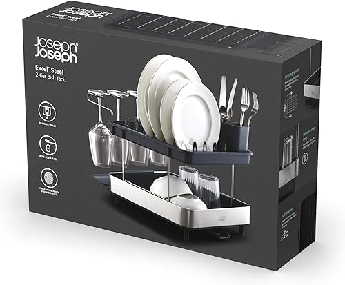 Miniatura 6 de Joseph Joseph Escurridor de platos con soporte para copas de vino, diseño de 2 niveles que ahorra espacio con sistema de drenaje rápido