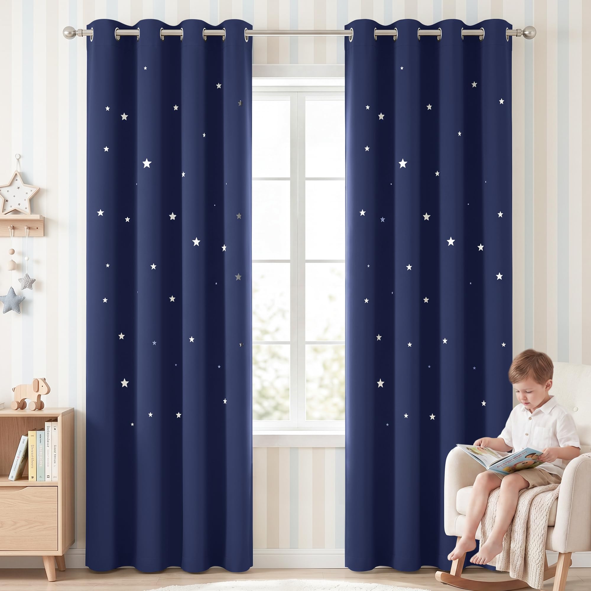 NICETOWN Navy Blue Blackout Star Curtains for Kids Bedroom, 2 Panels, 52x84