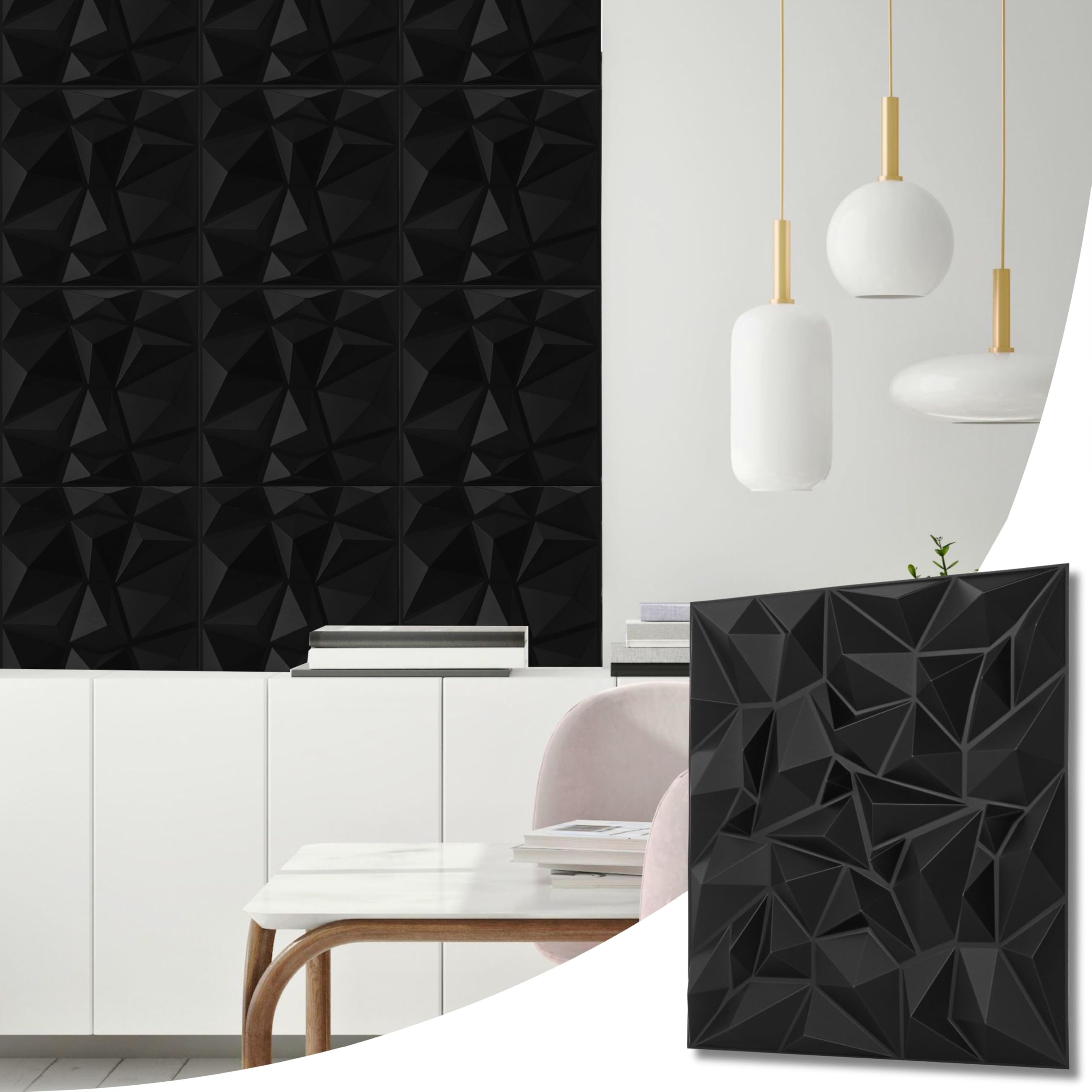 Novecrafto Matt Black Diamond Prestige Effect 3D Wall Panels - 6 Sheets1.5 Sqm | 16.15 Sqf Interior Cladding Panels Set | 3D Wall Tiles Diamond Prestige Design In - Each Panel Size 19.6" X 19.6"