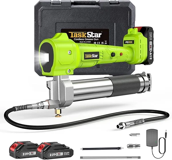 TaskStar Grease Gun Battery Powered: Built for Farmers, Mechanics & Truckers, Electric Grease Gun Kit with 2 Batteries and Charger, 39.4" Hose & LED Light for Tractors, Trailers, and Heavy Equipment