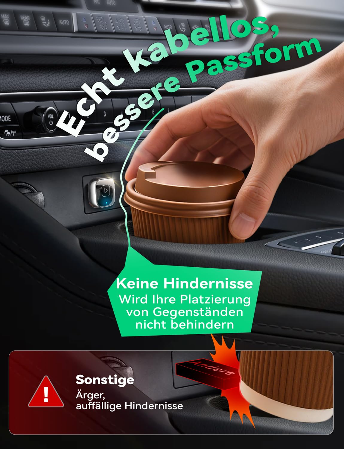 Mavlou Metalldesign Mini 2-in-1 Wireless CarPlay Android Auto Adapter Dongle für iOS 10+ Android 11+ Autos ab 2016 Schwarz