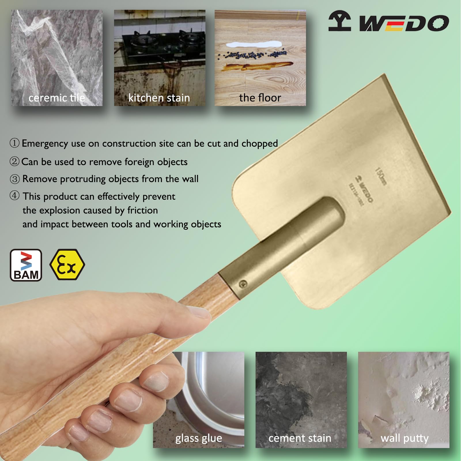 WEDO Espátula sin chispas,Raspador de suelo de 150 x 170 mm, Longitud 460 mm,Rascador de masilla de bronce de aluminio,Certificado BAM/FM