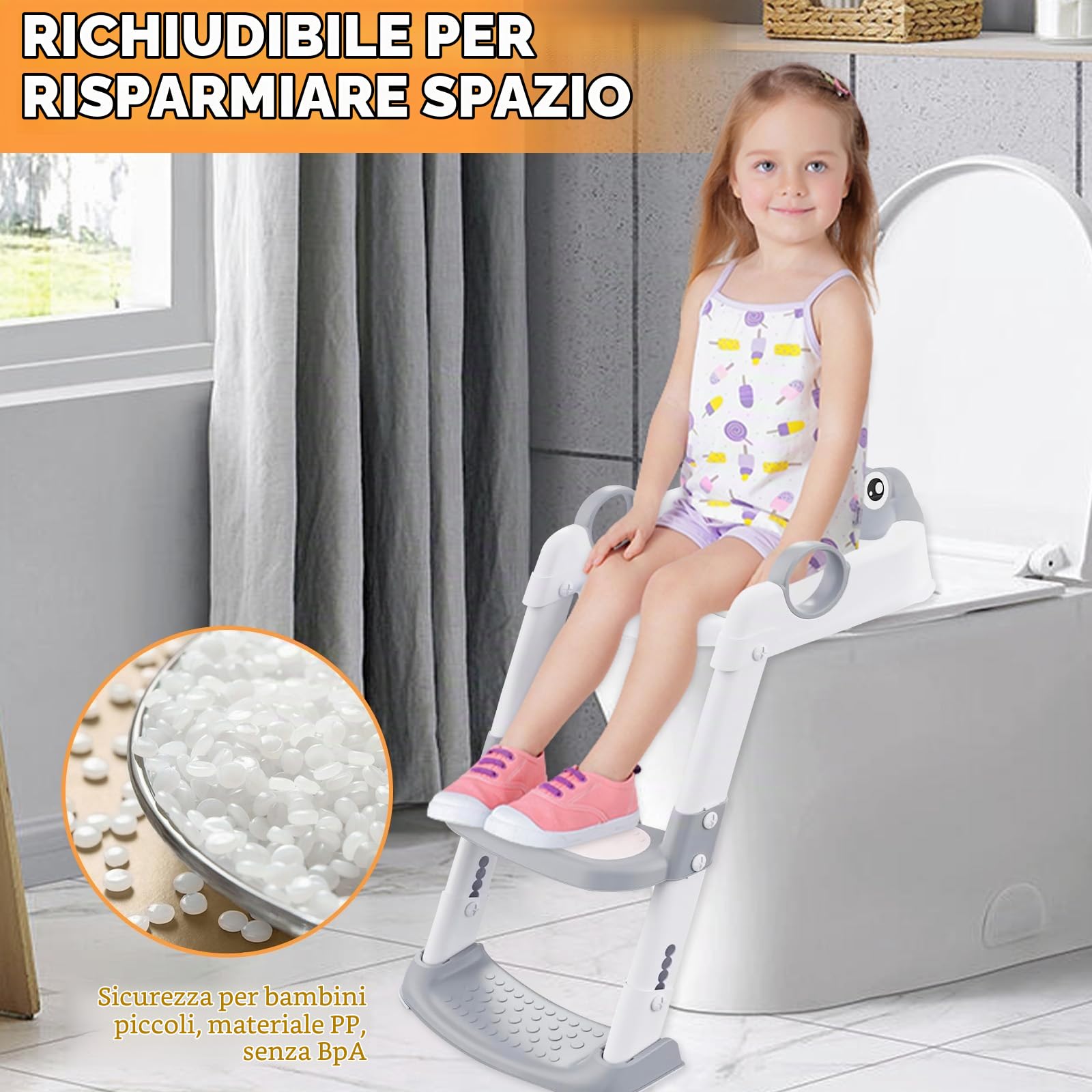 UCAMP Riduttore wc per bambini,Riduttore wc Bambini, Scaletta WC per Bambini Pieghevole, Pieghevole Regolabile in Altezza, con PVC Morbida Seduta Imbottita, pedana antiscivolo anti-spruzzo,per V,U,O