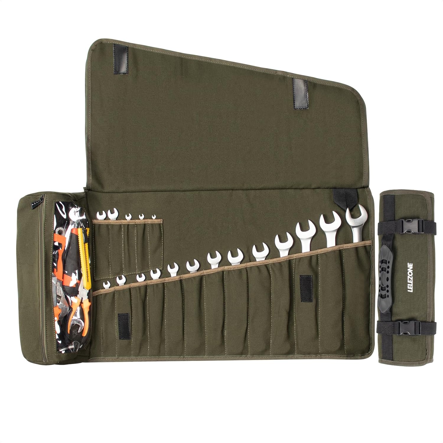 LELEZONE Wrench Roll Up Pouch, 19+1 Pockets Utility Roll, Portable Tool Organization Roll Bag, Gifts for Men Father Mechanic, Heavy Duty Canvas Wrench Organizer Bag (Green)