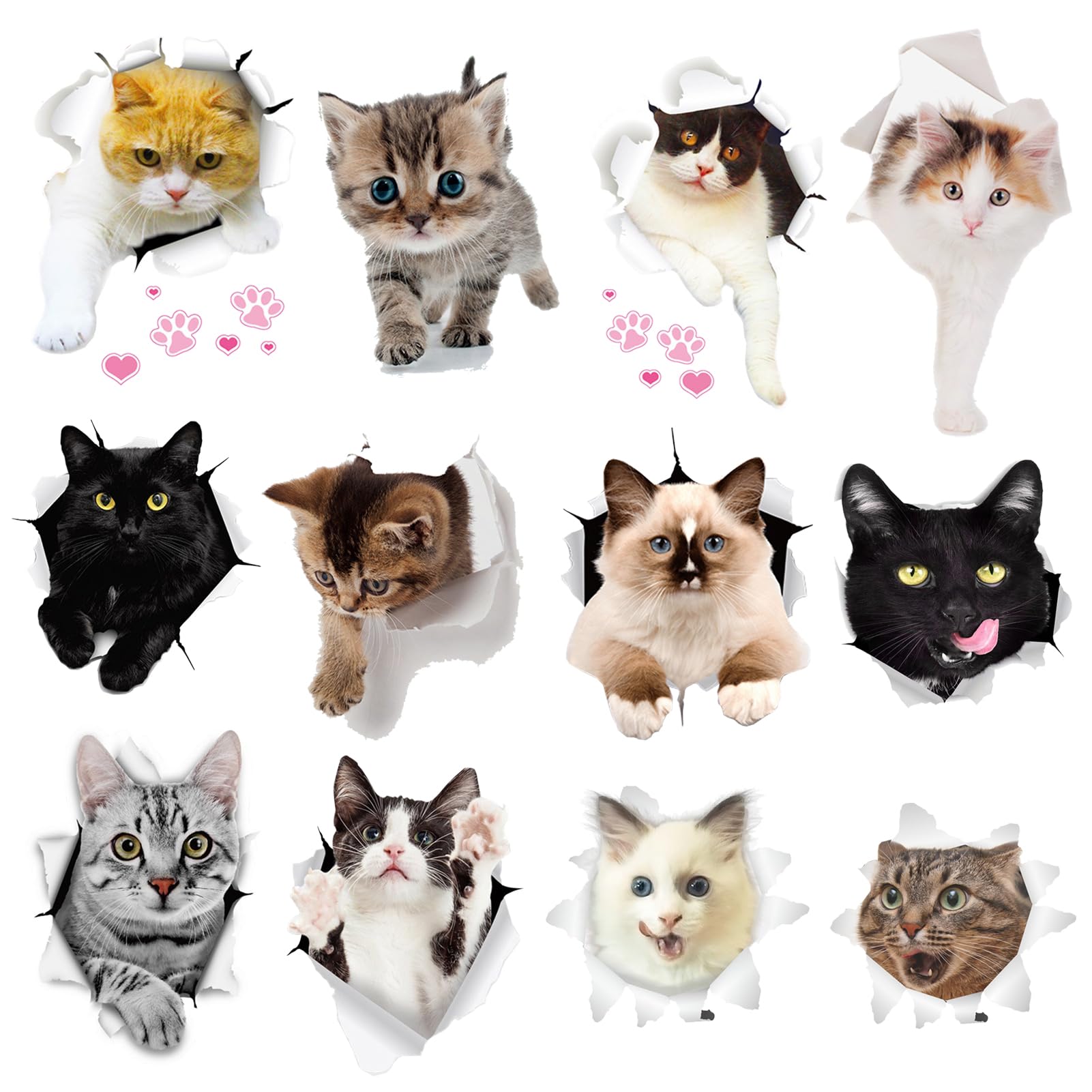 Keboyoe Pack of 12 Wall Stickers Cat 3D, Cute Cat Car Stickers Cat, Wall Stickers 3D Cat, Cat Stickers for Toilet Lid, Fridge, Bathroom, Bedroom, Home Decoration
