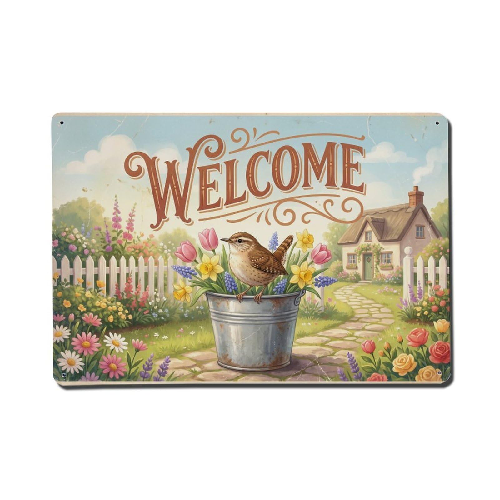 [Vintage Welcome] Wren Fresh Blooms Metal Tin Sign