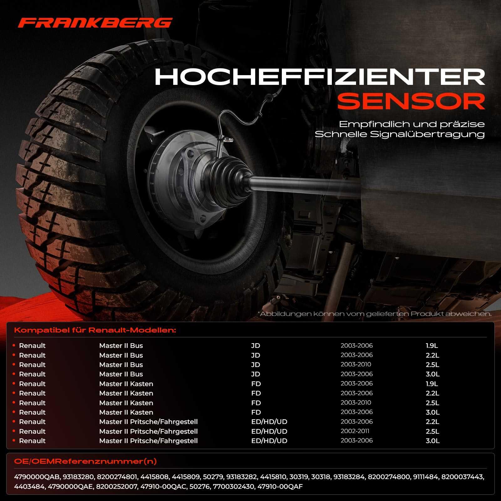 Frankberg 4x Capteur ABS 2-Pôles Compatible avec Master II Bus JD Master II Camionnette FD Master II Remorque ED/HD/UD Remplacer# 8200274800,8200252007