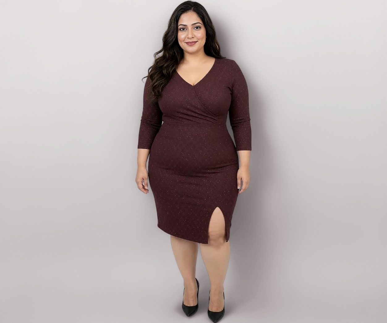 plus size burgundy bodycon dress Buy LUVLETTE CURVES Women's Wine Radiance Midi with V-Wrap Neckline, Polyester Spandex Stretch with 3/4 Sleeve Front Slit, Elegant Cocktail, Party, Office (in, Alpha, S, Plus) at global-commodity_code-6204491000 Feather Train Red Sequin Production Time:15 Days This plus size dress