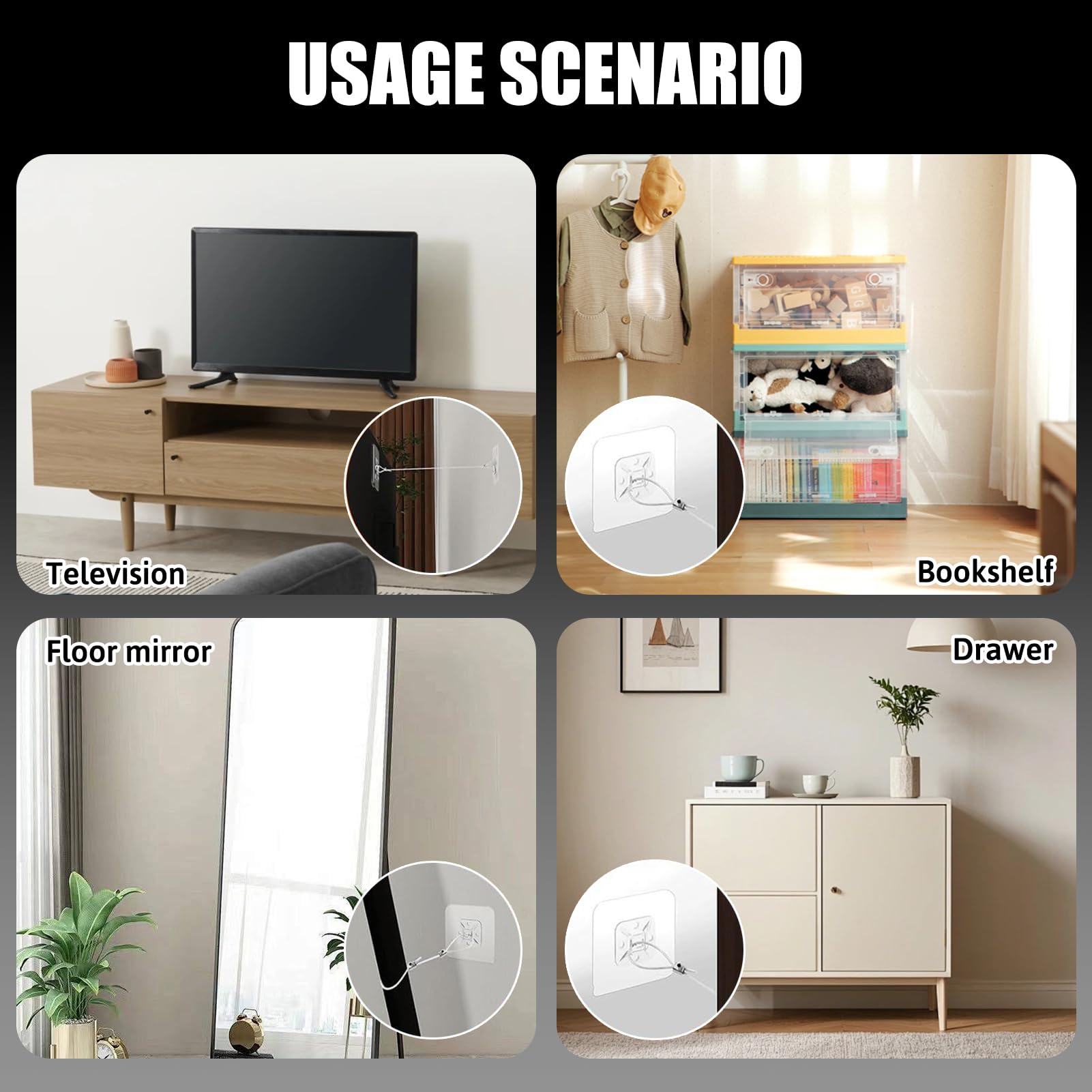Sangles de Protection Anti-Basculement pour TV Meubles, Fixation sans Percage, Sécurité Réglable Mur/Télévision
