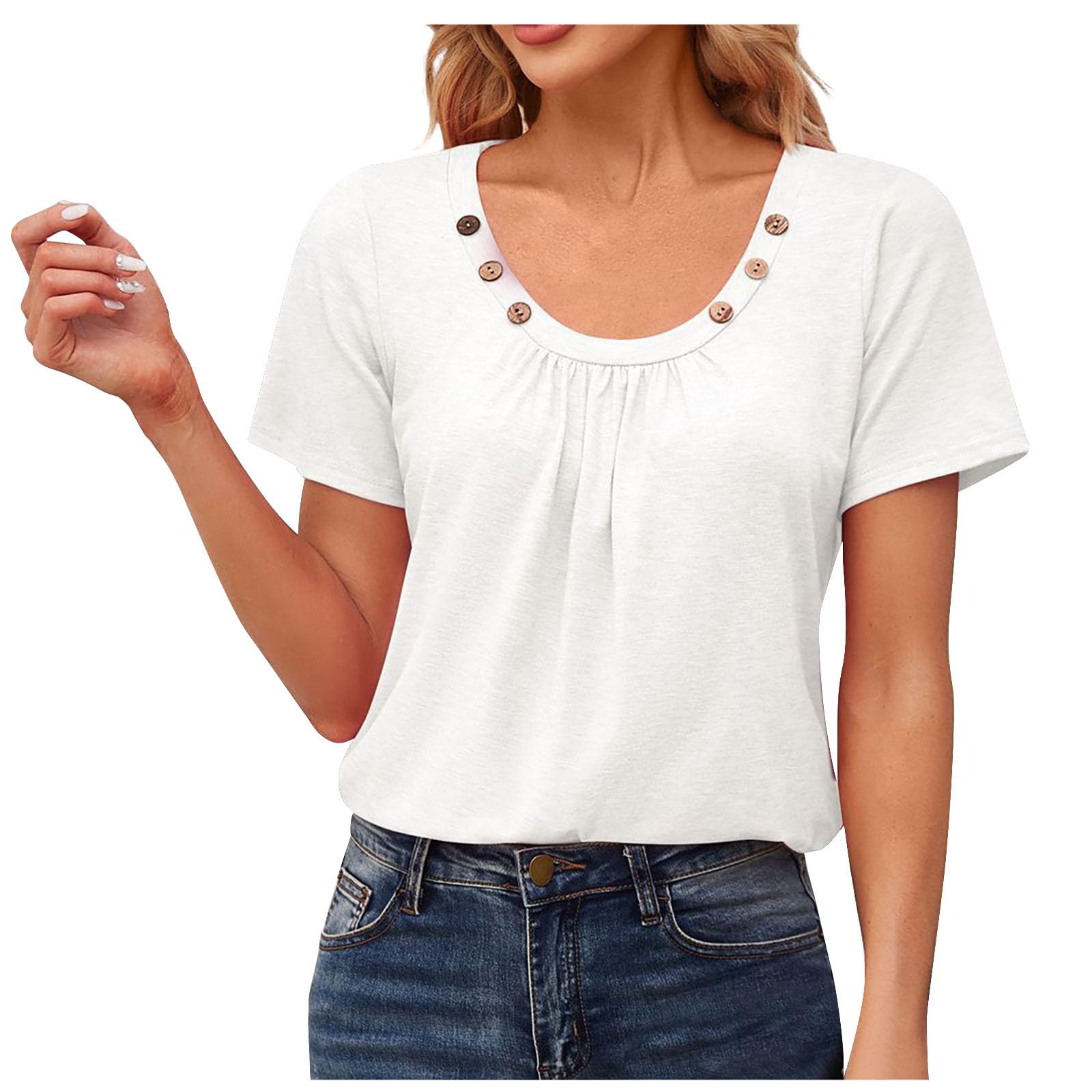Lemoiitea Camisas y blusas para mujer, cuello redondo, casuales, elegantes, de manga corta, con botones, a la moda, color liso, para verano, para salir