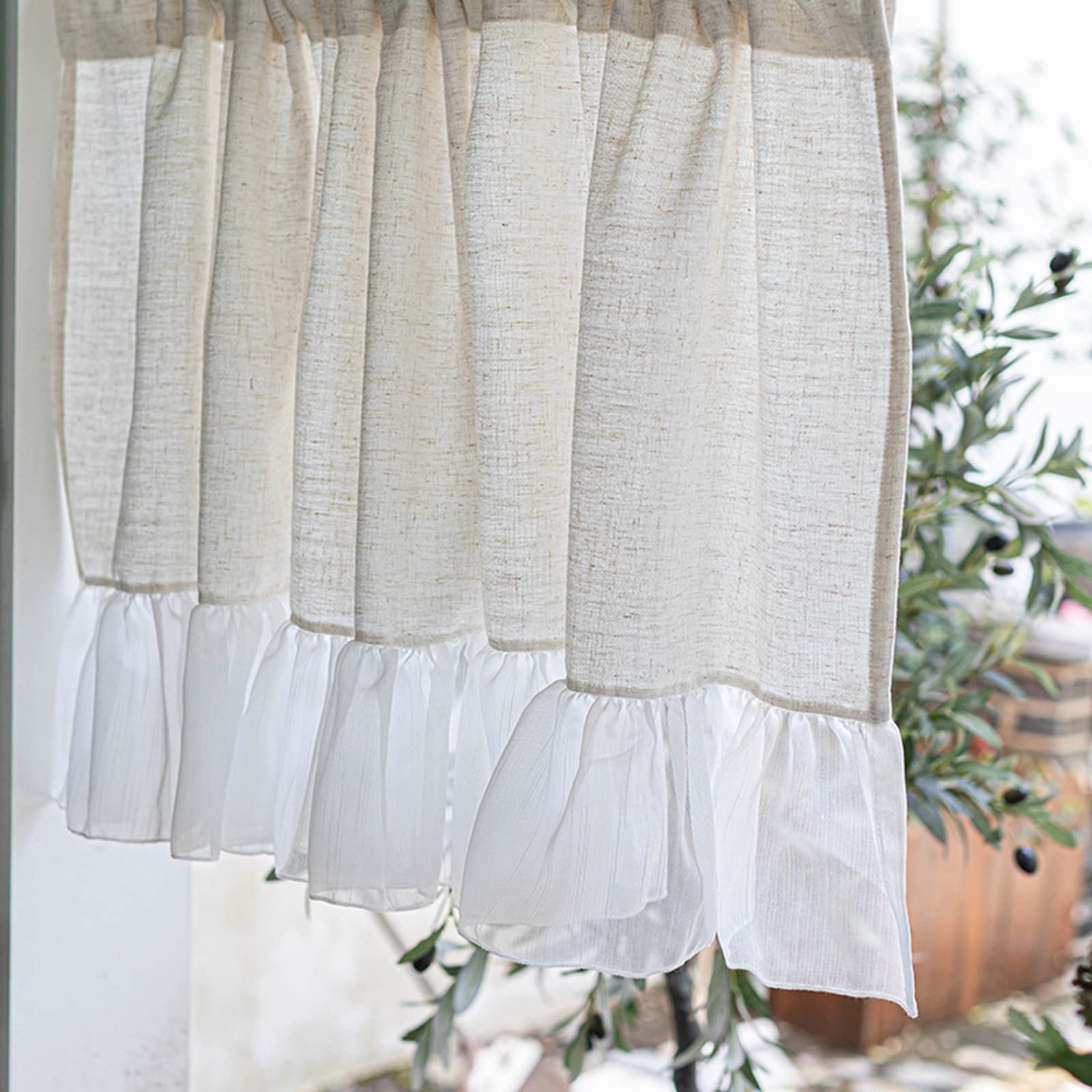 Petit rideau de fenêtre beige en coton et lin avec bordure en dentelle, voile blanc, demi-rideau de cuisine, bistrot, voilage moderne pour porte en verre