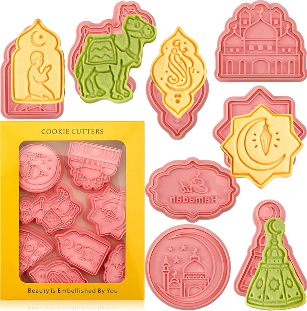 8 Pcs Eid Mubarak Cookie Cutters DIY Eid Cookie Stencils Ramadan 3D Islamic Muslim Biscuit Mold Mosque, Lantern, Star, Moon, Islamic Star, Camel (A)