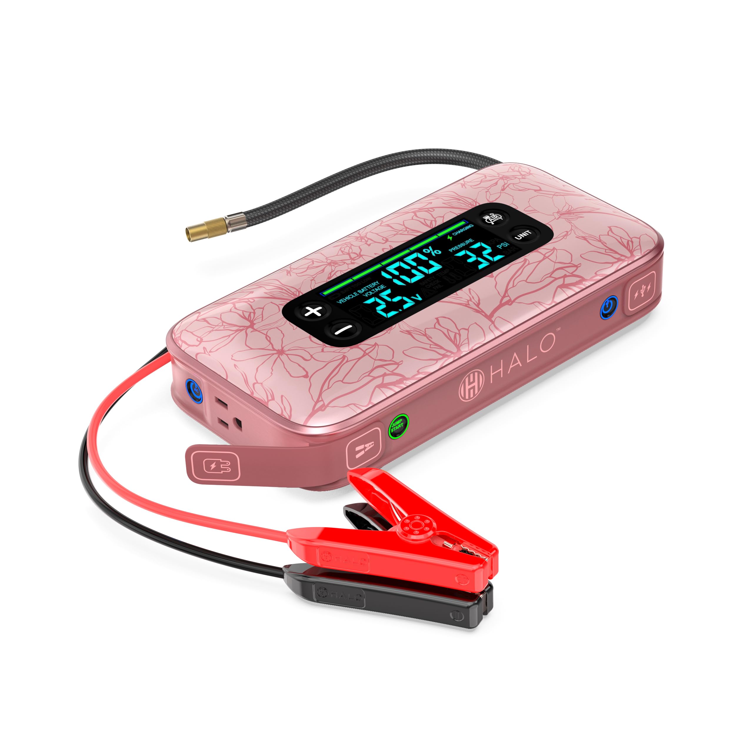 Halo Bolt Ultimate 3 Portable Car Battery Jump Starter | 130 PSI Air Compressor, 55.5Wh USB Power Bank, Large Display, Emergency Floodlight & Charger, Jumps Cars SUVs & Trucks, Inflates Tires — Rose