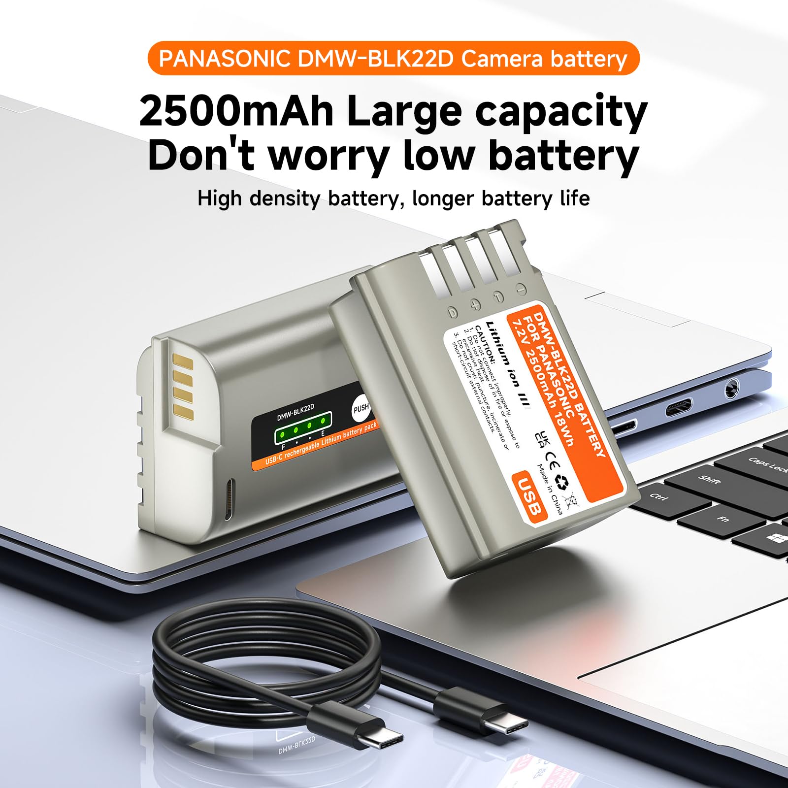 CITYORK DMW-BLK22D Lot de 2 batteries de rechange USB-C 2500 mAh pour Panasonic Lumix DC-S5 DC-G9 DC-GH5 DC-GH5 II DC-GH5S DC-GH6