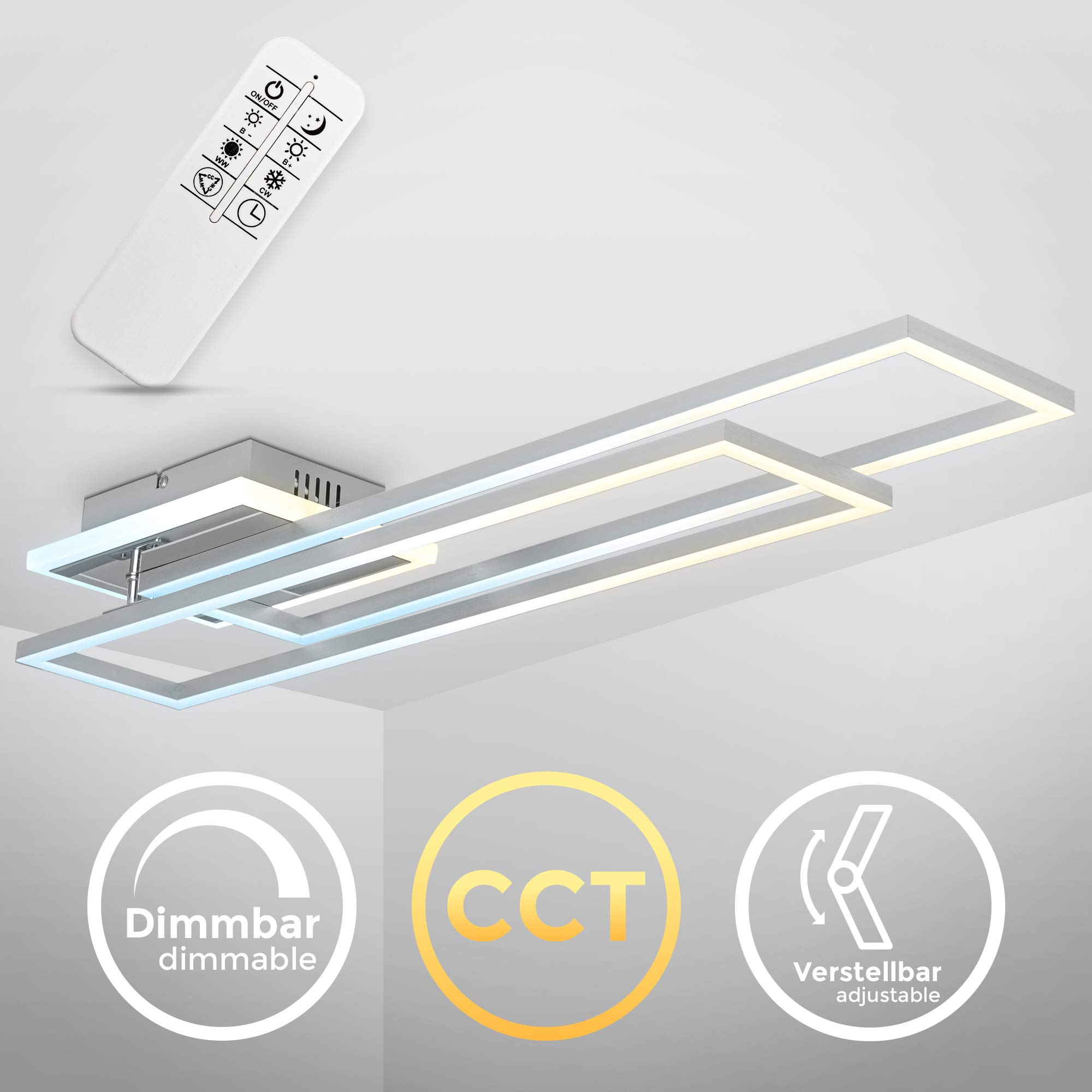 B.K.Licht - LED Deckenlampe mit Fernbedienung, beleuchtete Auflage, einstellbar von warmweiß bis kaltweiß, Deckenleuchte, LED Lampe, Wohnzimmerlampe, Schlafzimmerlampe, 110x24,8x8 cm, Chrom-Alu