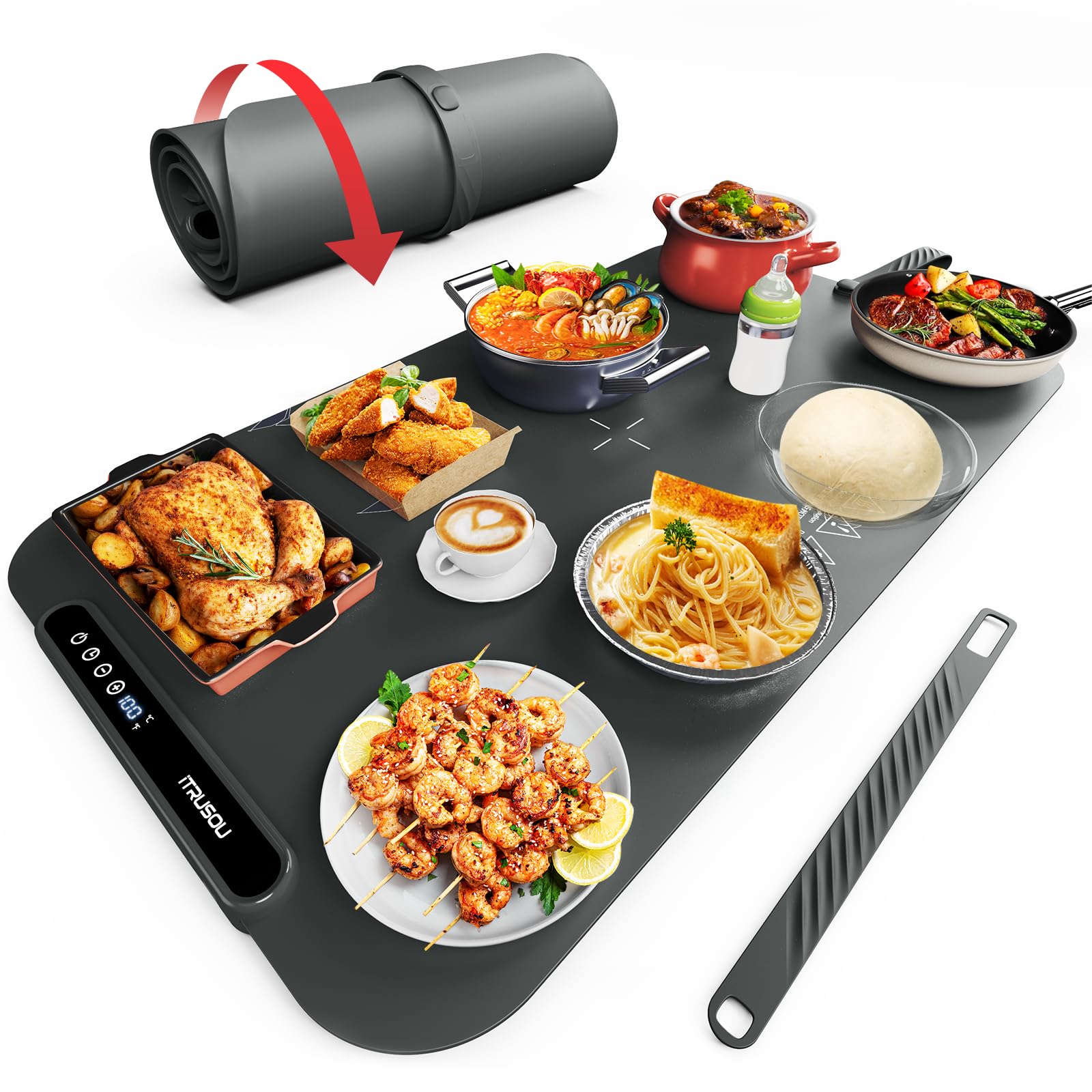 Food Warming Mat, iTRUSOU 27.5x16'' Electric Warming Tray with 7 Temp-Settings, 1-99h Flexible Timer, Switchable °F/°C, Rollable Food Warmer Keep Food Warm at Buffet, Party, Sabbath, Daily Use