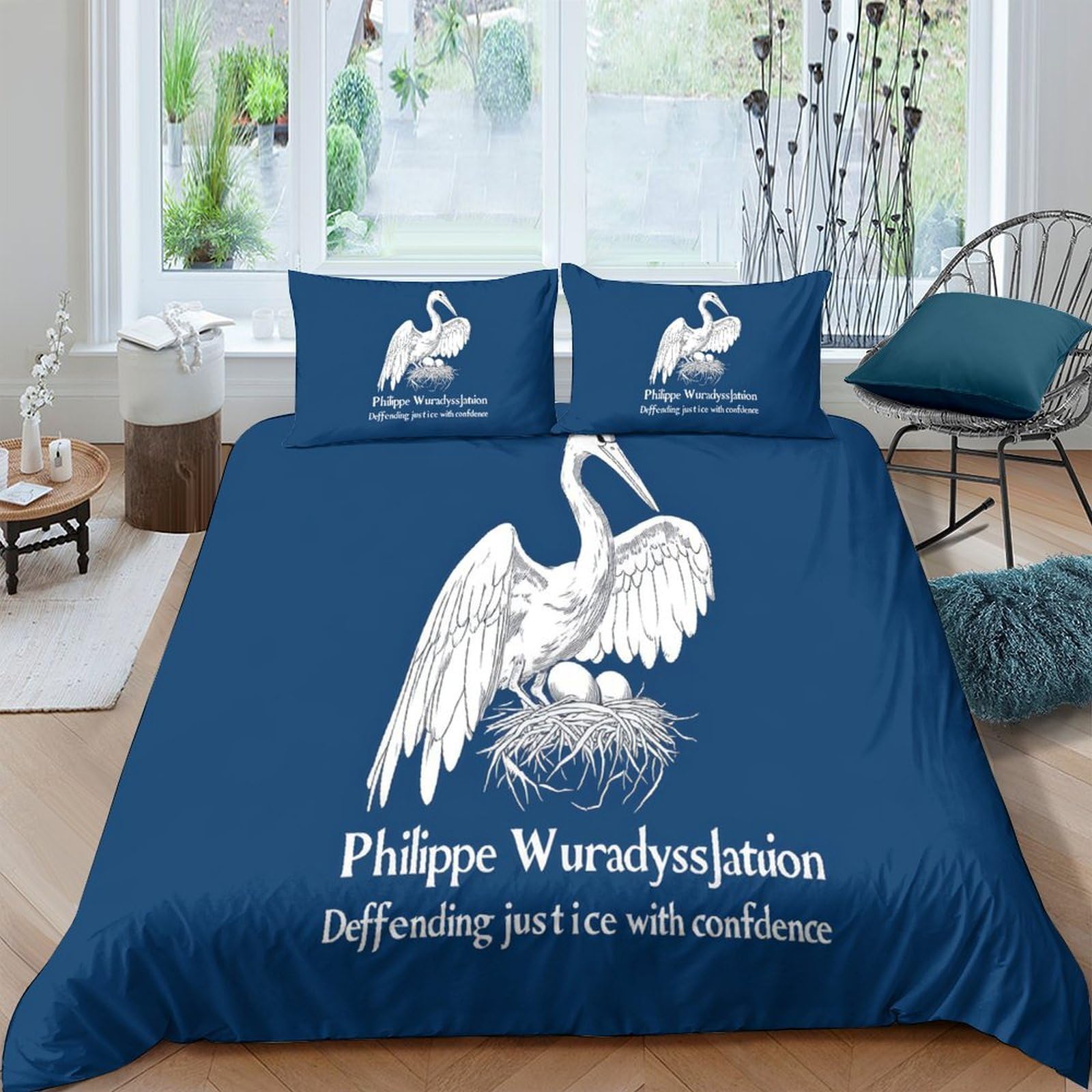 TUFRTGYHN 3D Printed White Crane Duvet Cover Microfiber Soft Breathable Blue Bedding Set with 2 Pillowcases for Bedroom Decor Single（135x200cm）