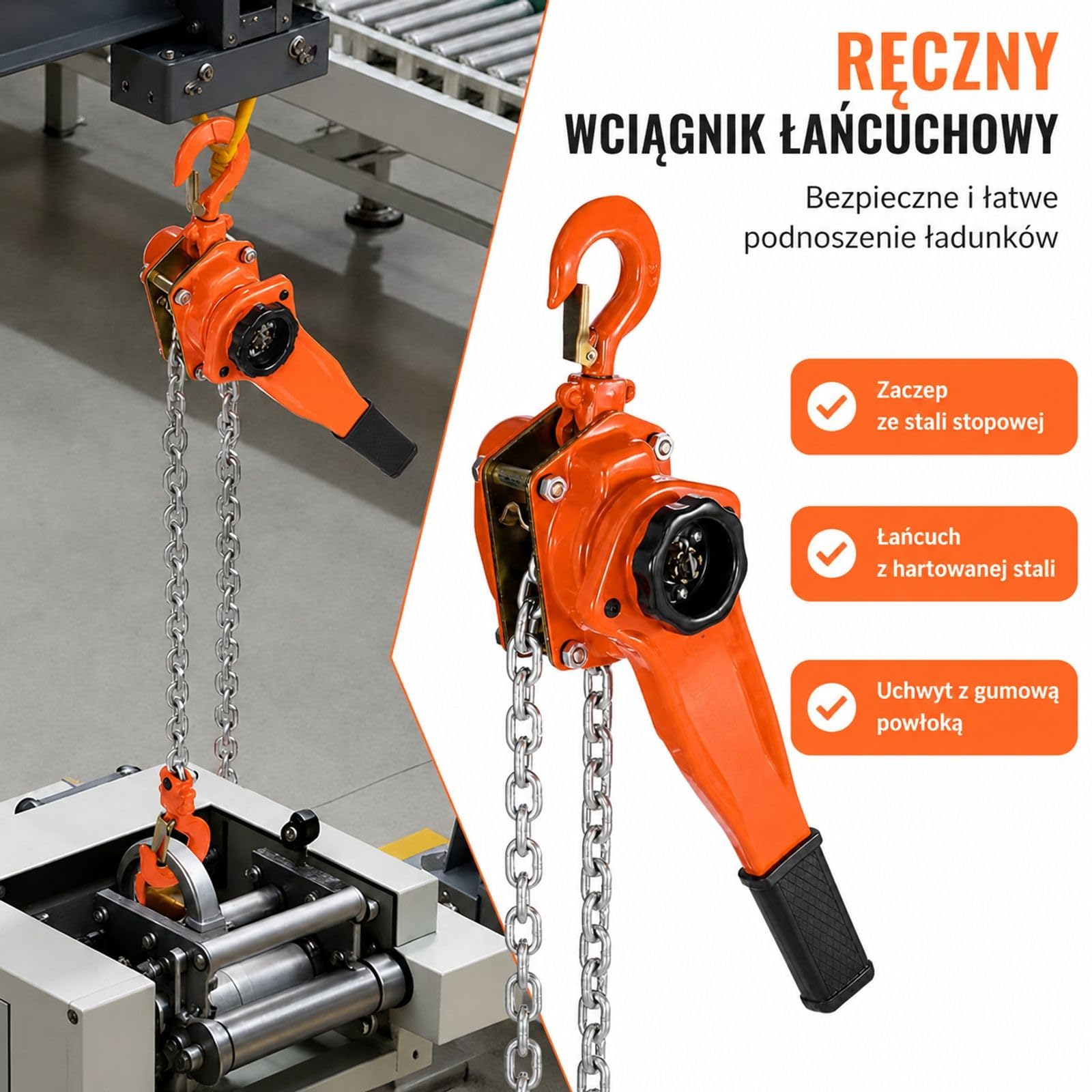 Wciągnik dźwigniowy 1 t, ręczny podnośnik łańcuchowy 3 m ze stali stopowej, podwójna zapadka, haki obrotowe 360 do magazynu budowy garażu