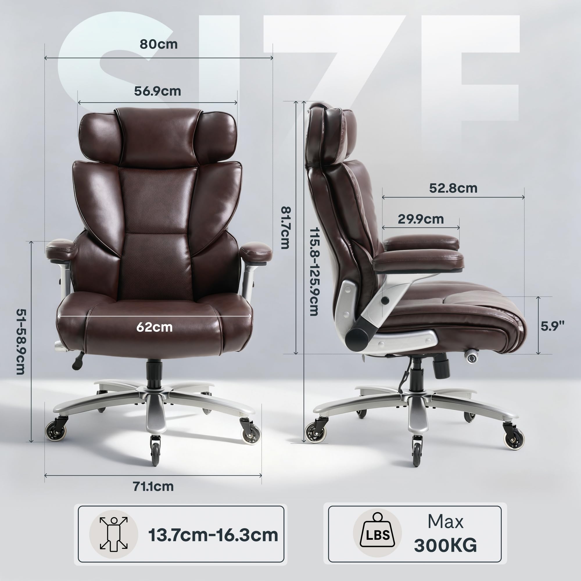 FLEXISPOT Ergonomischer Chefsessel bis 300 kg Bürostuhl für große Personen, mit dynamischer Lendenwirbelstütze, 2D-Armlehnen und Grummirollen, großer Gaming- und Arbeitsstuhl, Kunstleder, Braun