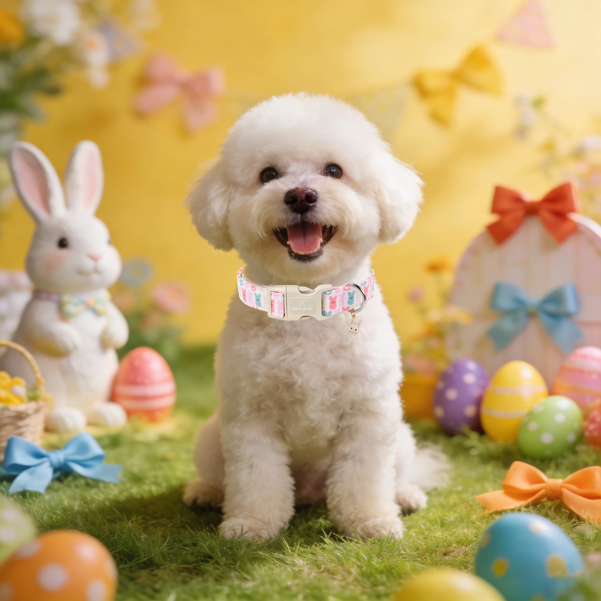 Maca Bates Easter Basic Dog Collar with Rabbit Charm for Small Girl Boy Dogs, Colorful Bunny Pattern,Adjustable Durable Soft Collars Festival Gift for Male Female Puppy - 2