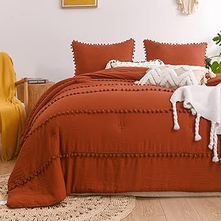 Burnt Orange Rust King Size Comforter Set,Boho Terracotta Pom Pom Cottagecore Farmhouse Bed Bedding Comforters Set for All Season 3 Pieces