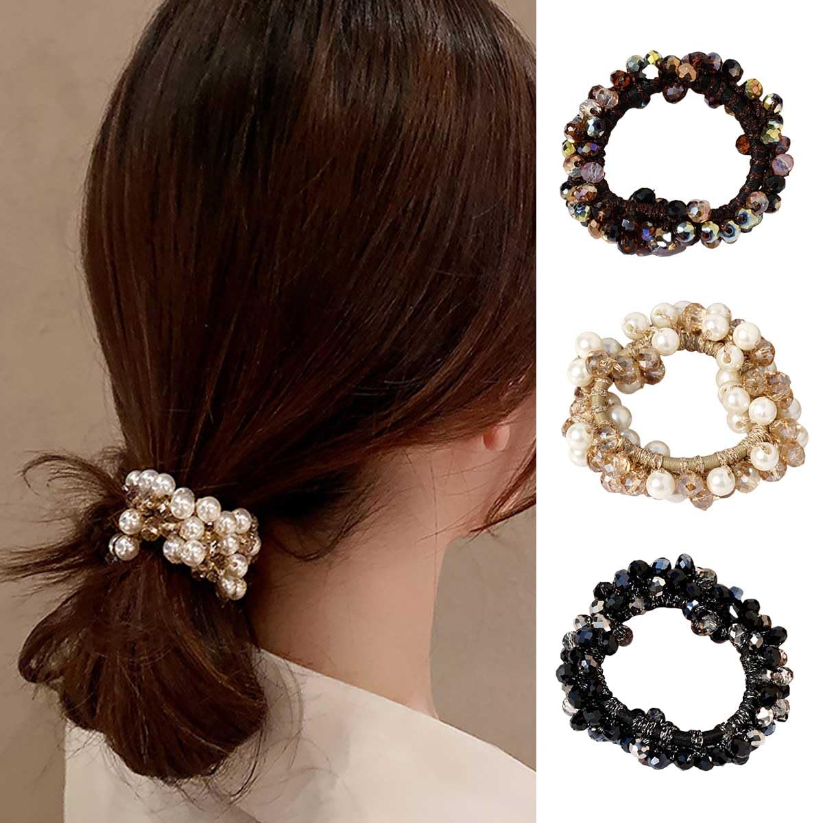 Amazon | ヘアゴム シュシュ パール 3個セット クリスタル 髪飾り 高 