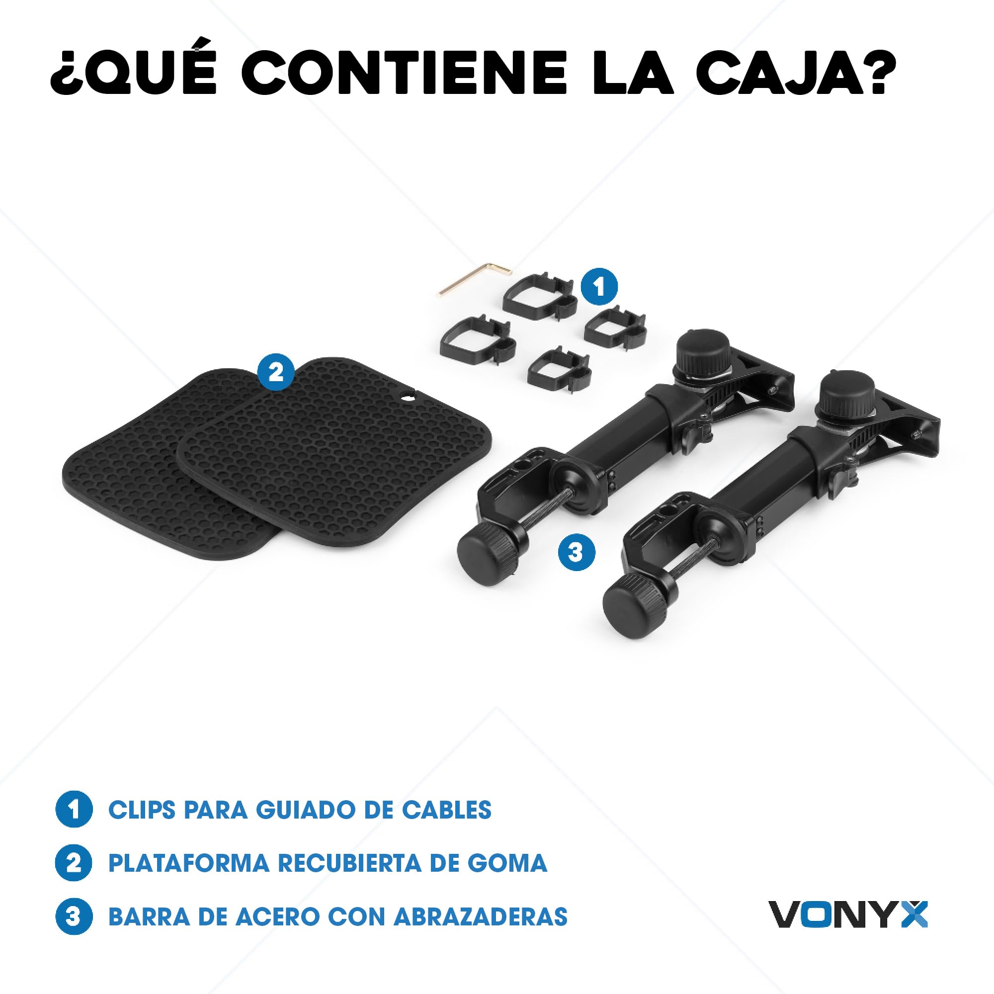 Vonyx SMS32 Conjunto de soporte ajustable para altavoces de estudio - Ángulo de inclinación de 10°, superficie de goma antideslizante, gestión de cables, rango de sujeción de 65 mm