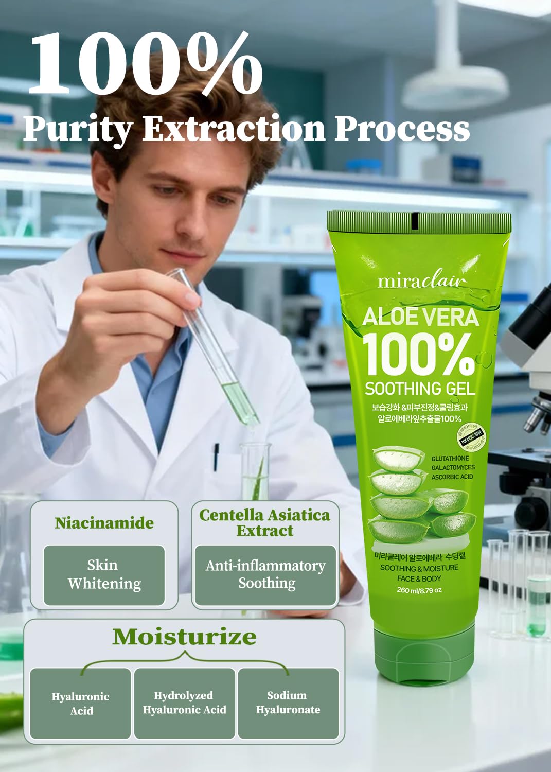 MIRACLAlR Aloe Vera Gel (4PCS) | 100% Pure Aloe Gel for Face, Body & Sunburn Relief - Durable Moisturizing Hydrating Soothing, Squeeze-on Mask, Made in Korea, Travel Size. (4, 8.79 fl.oz)