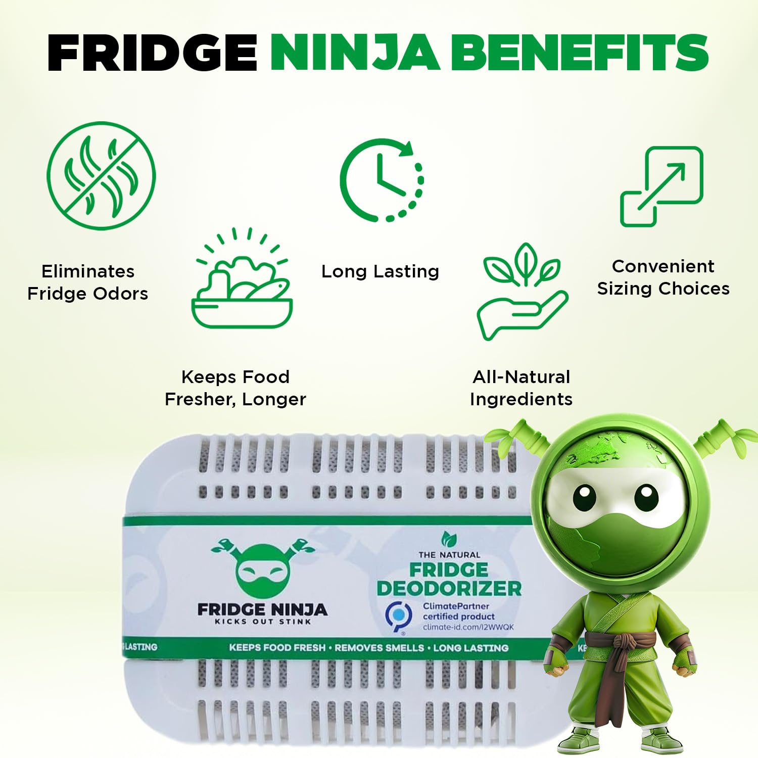 Fridge Ninja - Desodorante y ambientador para nevera, carbón activado natural sin perfume, dura 12 meses, eliminador de olores, absorbente de olores, accesorios para nevera para frescura, tamaño XL