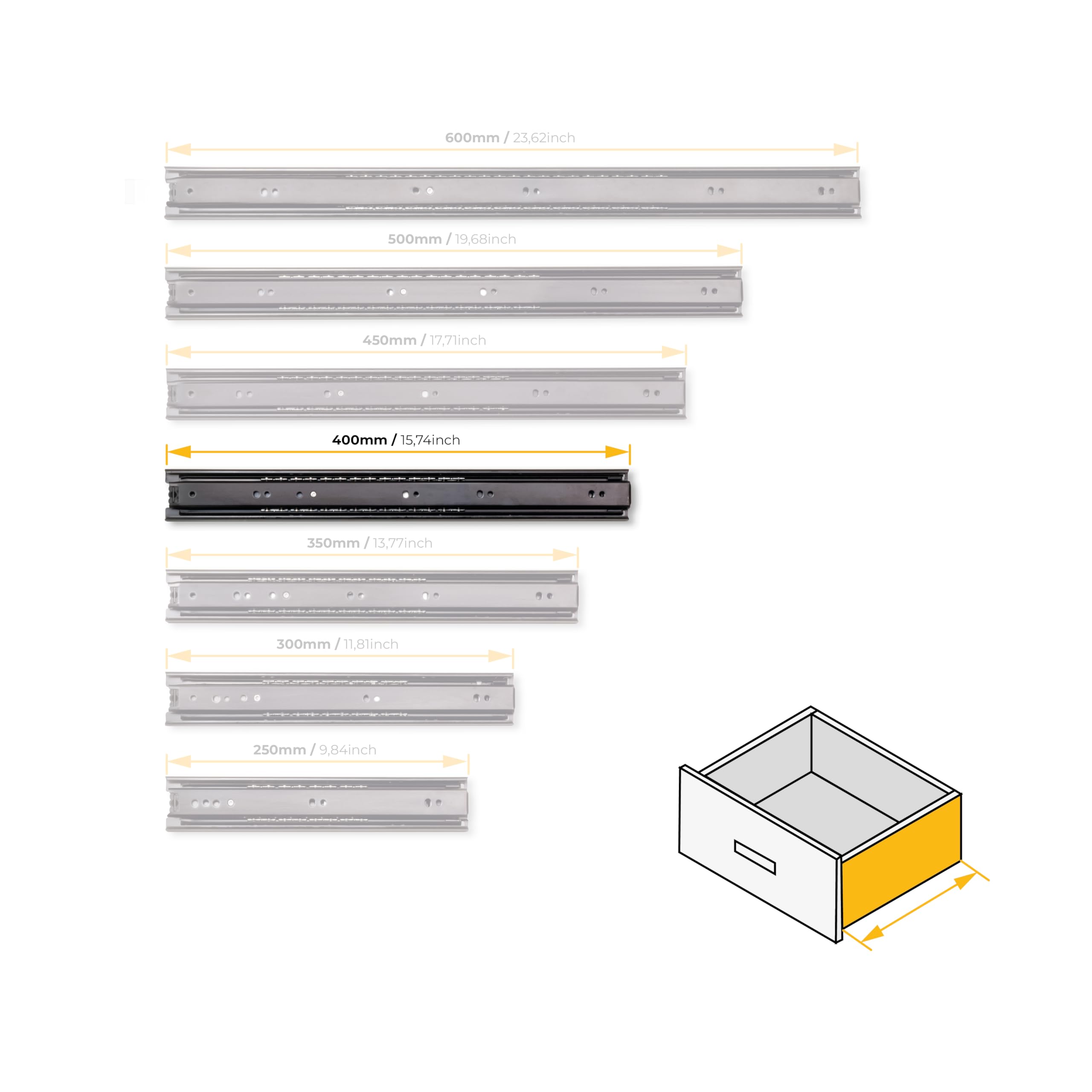 Emuca - Glissières pour tiroir avec roulement à billes 45mm x 400mm, Lot de 5 paires de coulisses à sortie totale, Noir