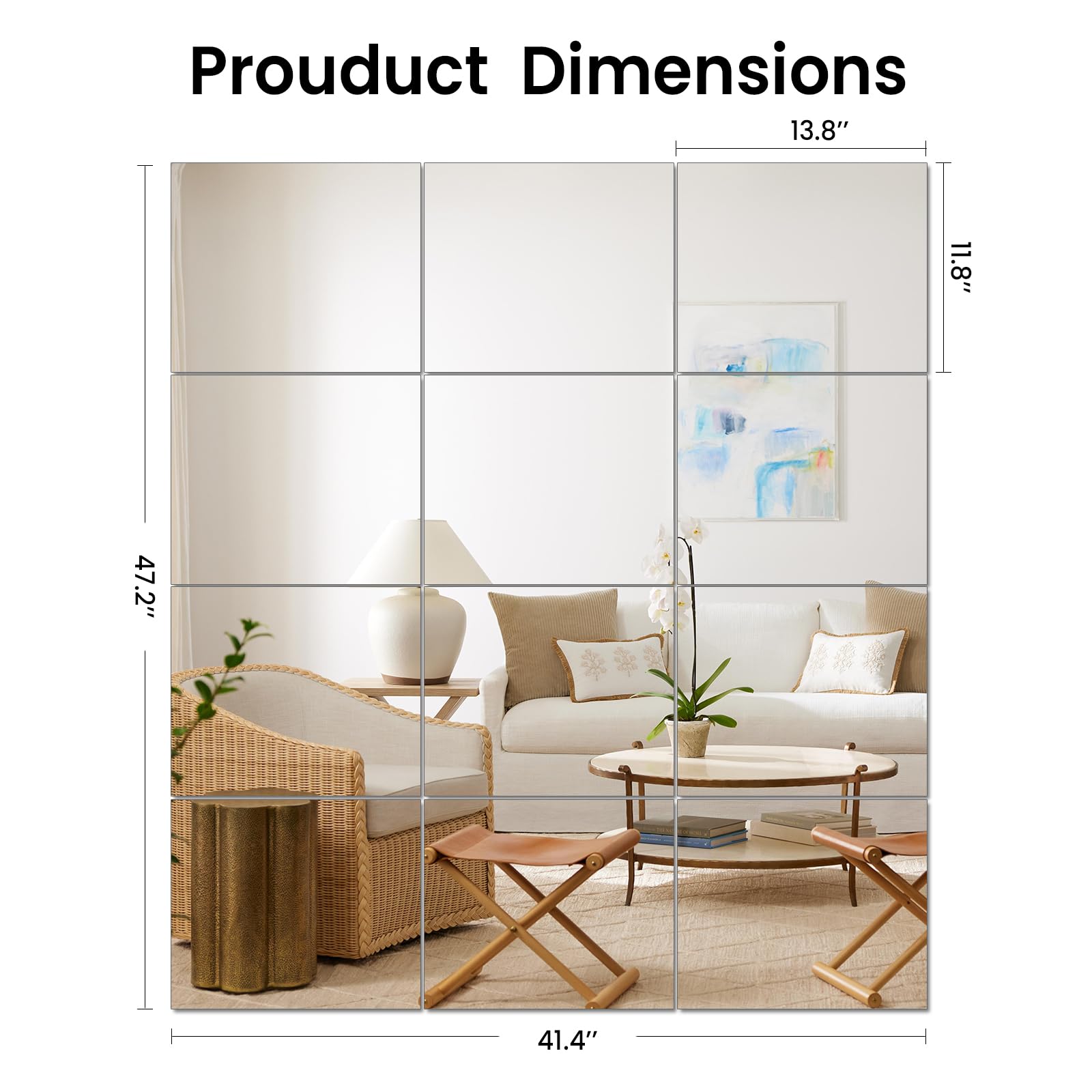 JAMBALAY Azulejos de espejo de pared de longitud completa, juego de 12 espejos de gimnasio en casa de 14 x 12 pulgadas, azulejos de espejo de vidrio HD, espejo de pared autoadhesivo sin marco para