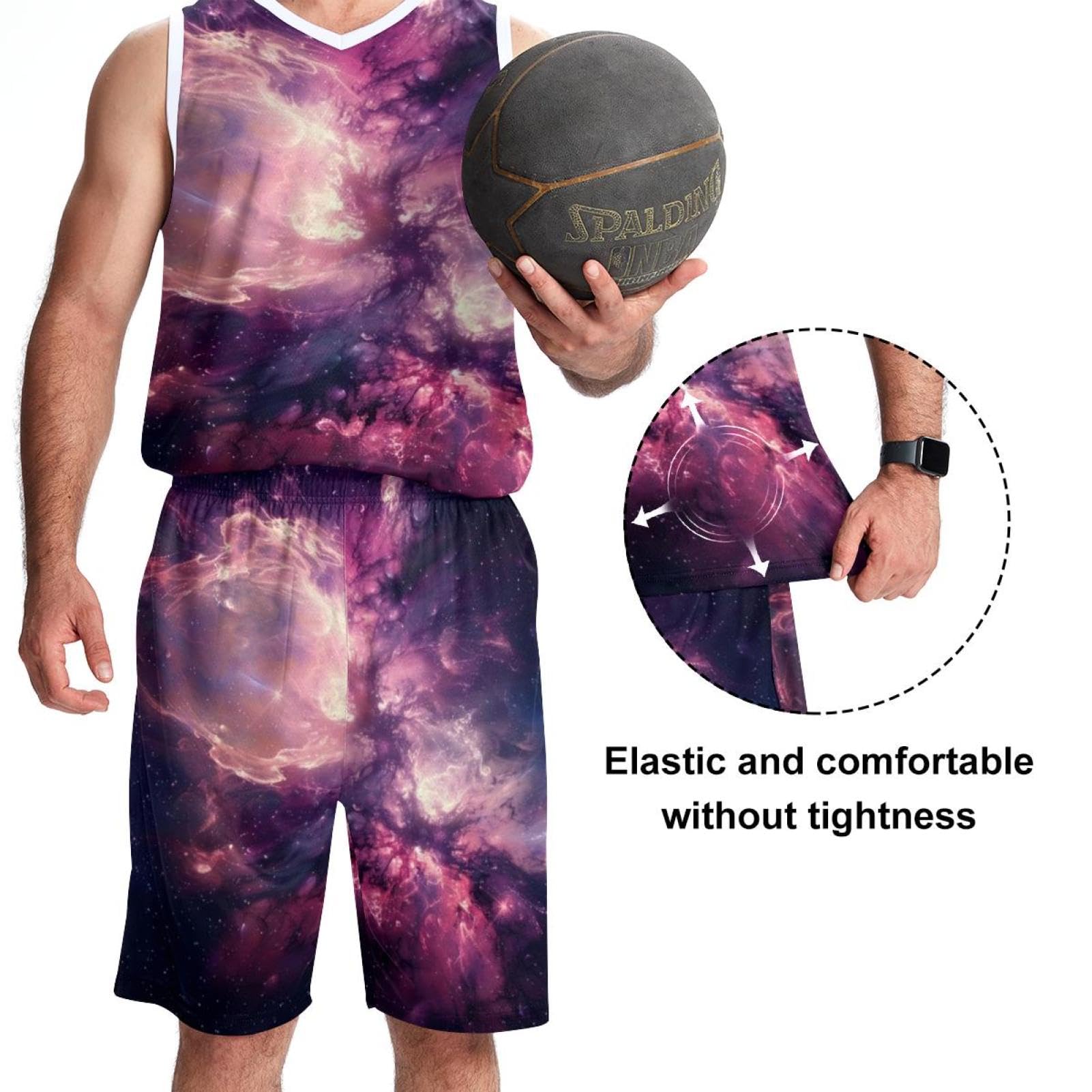 Herren-Basketballanzug mit Taschen, Sportbekleidung für Männer und Frauen, Teamuniform, Rosa, Sternenmotiv, Größe 5XL