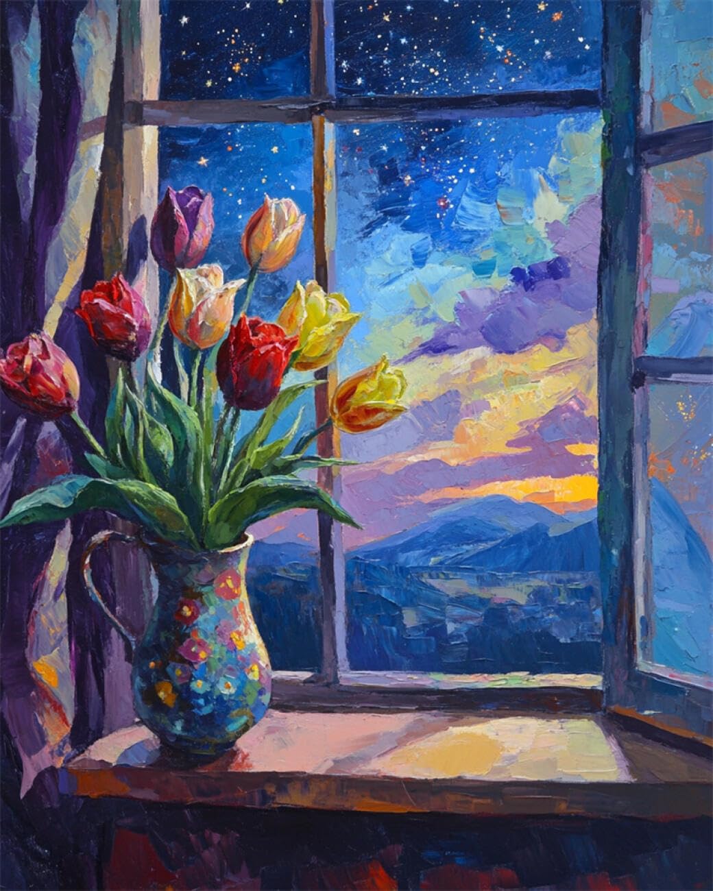 AMBATTERY Flowers DIY Bead Cross Stitch Kits Tulips in A Vase Beadwork Craft Kit for Beginners,Needlework Set,Preprint Pattern Decor Wall Art 60x80cm