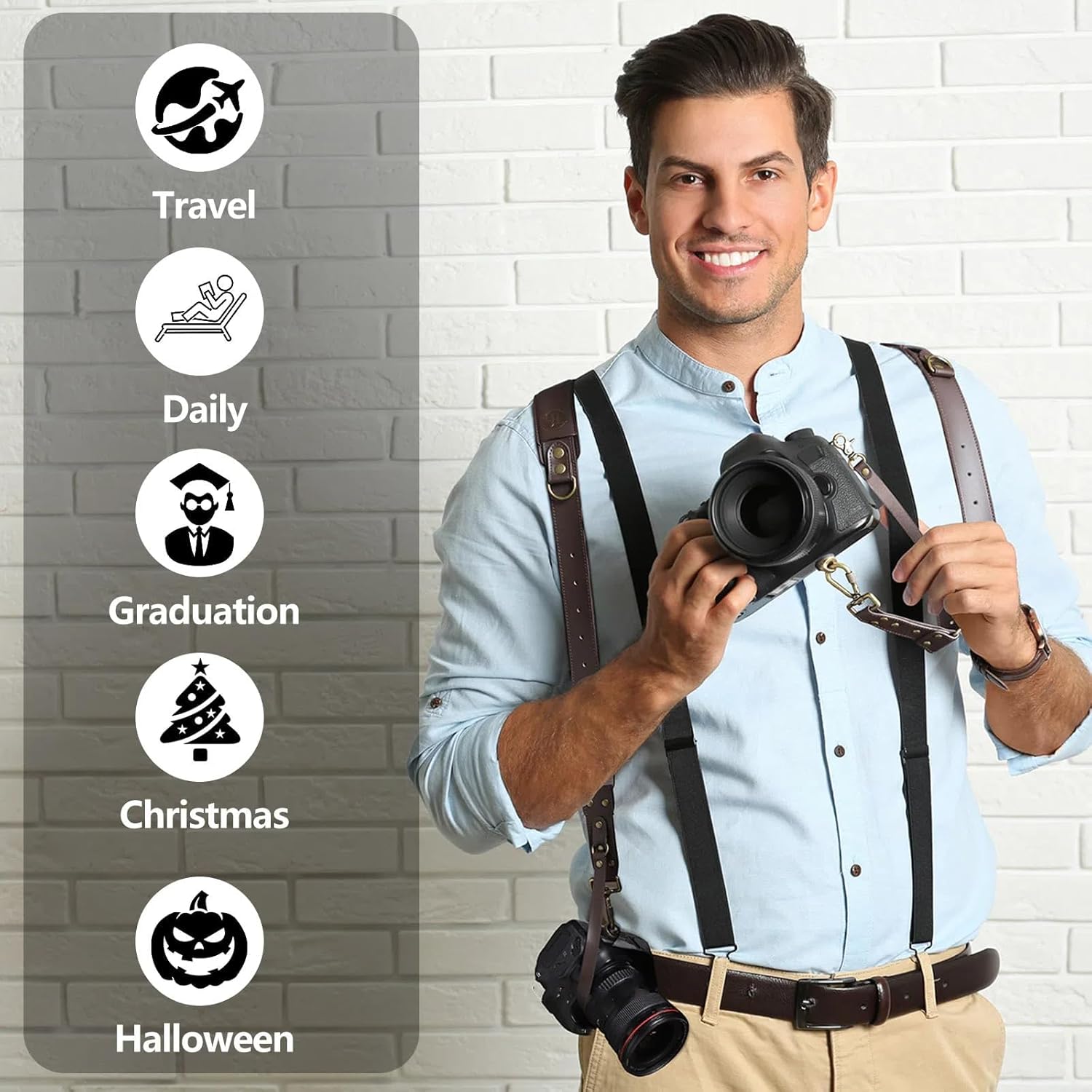 Camera Harness for 2 Cameras,Dual Leather Camera Strap for Photographers,Camera Shoulder Strap for DSLR/SLR,Small