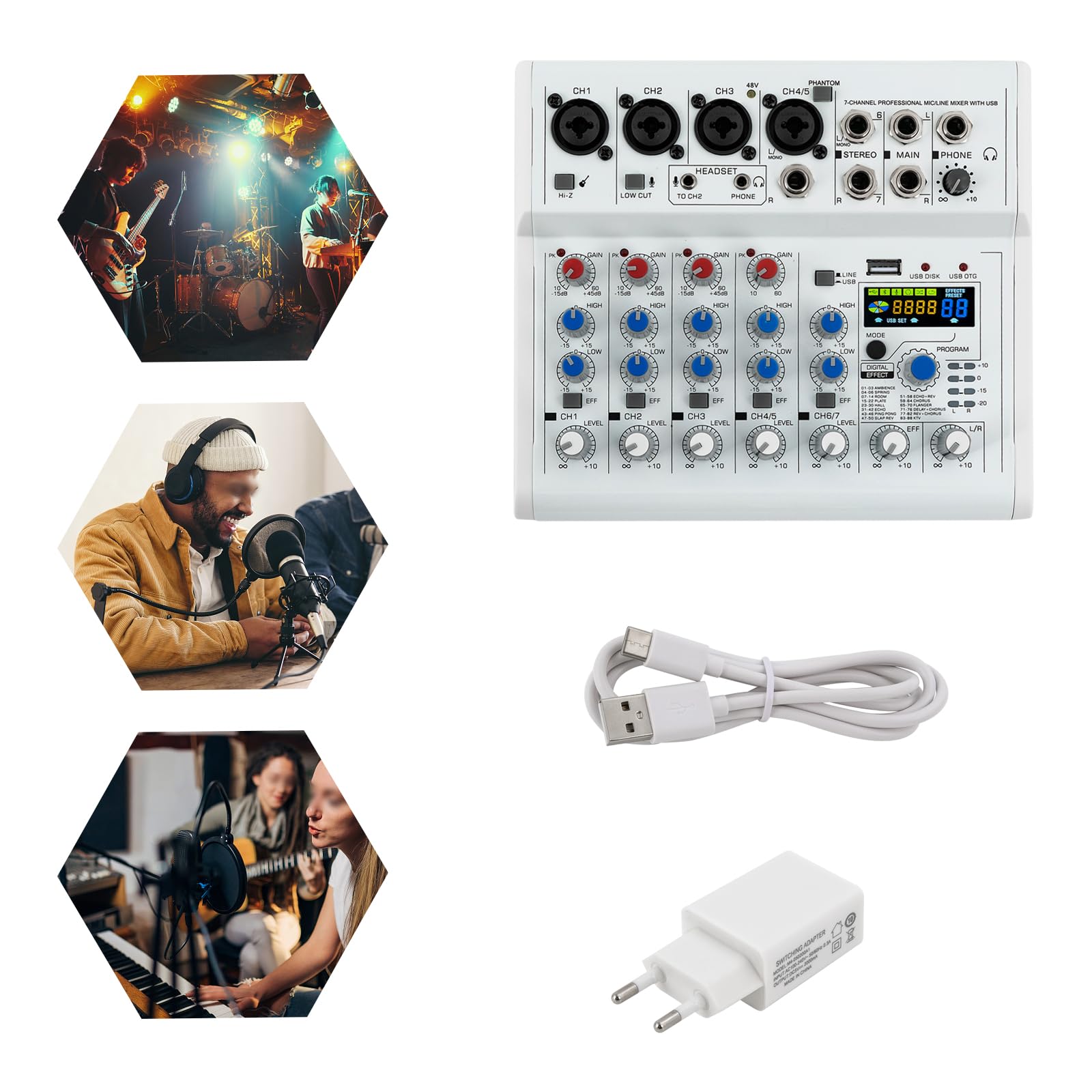 Mixer Audio Bluetooth HT7 - 7 Canali, USB, Effetti, Per Karaoke, Registrazione E Live