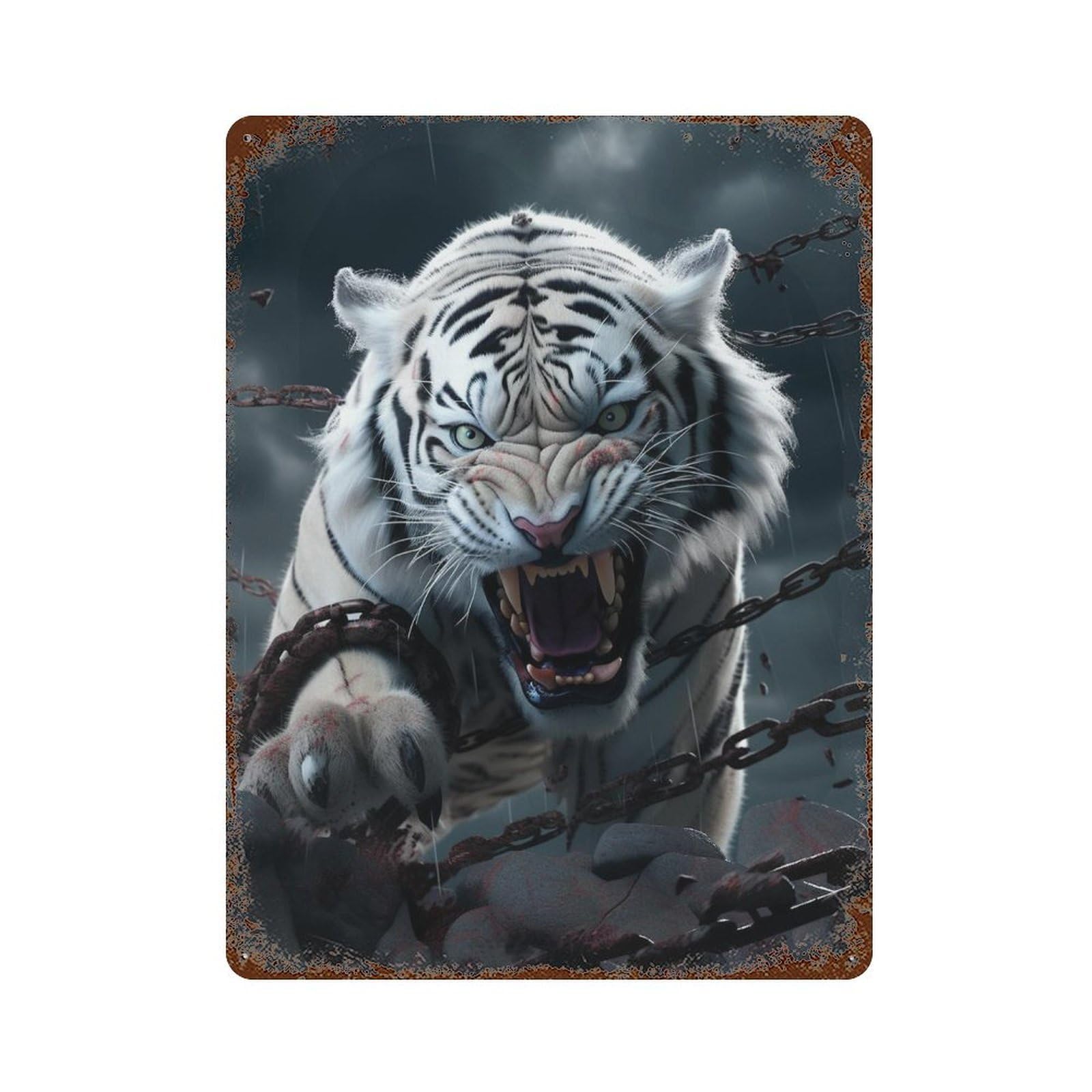 Garage Style White Tiger Breaking Chains Rust Effect Tin Sign 15.7"x11.8", Rustic Home Decor for Bar And Workshop