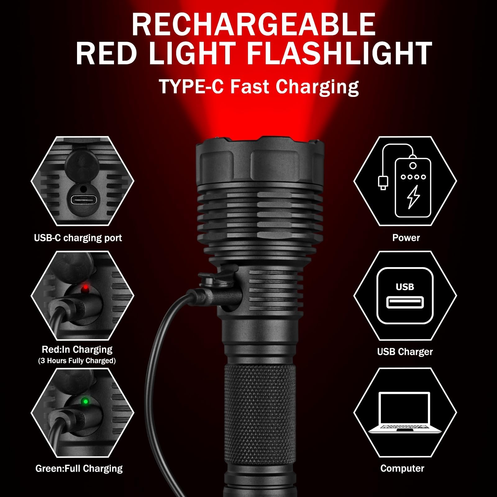 UltraFire Torcia da caccia ricaricabile a luce rossa, 620-630 nm, luce rossa a LED, portata di 350 metri, 2 modalità per visione notturna, fotografia astro, fotografia da camera oscura, C15S-R