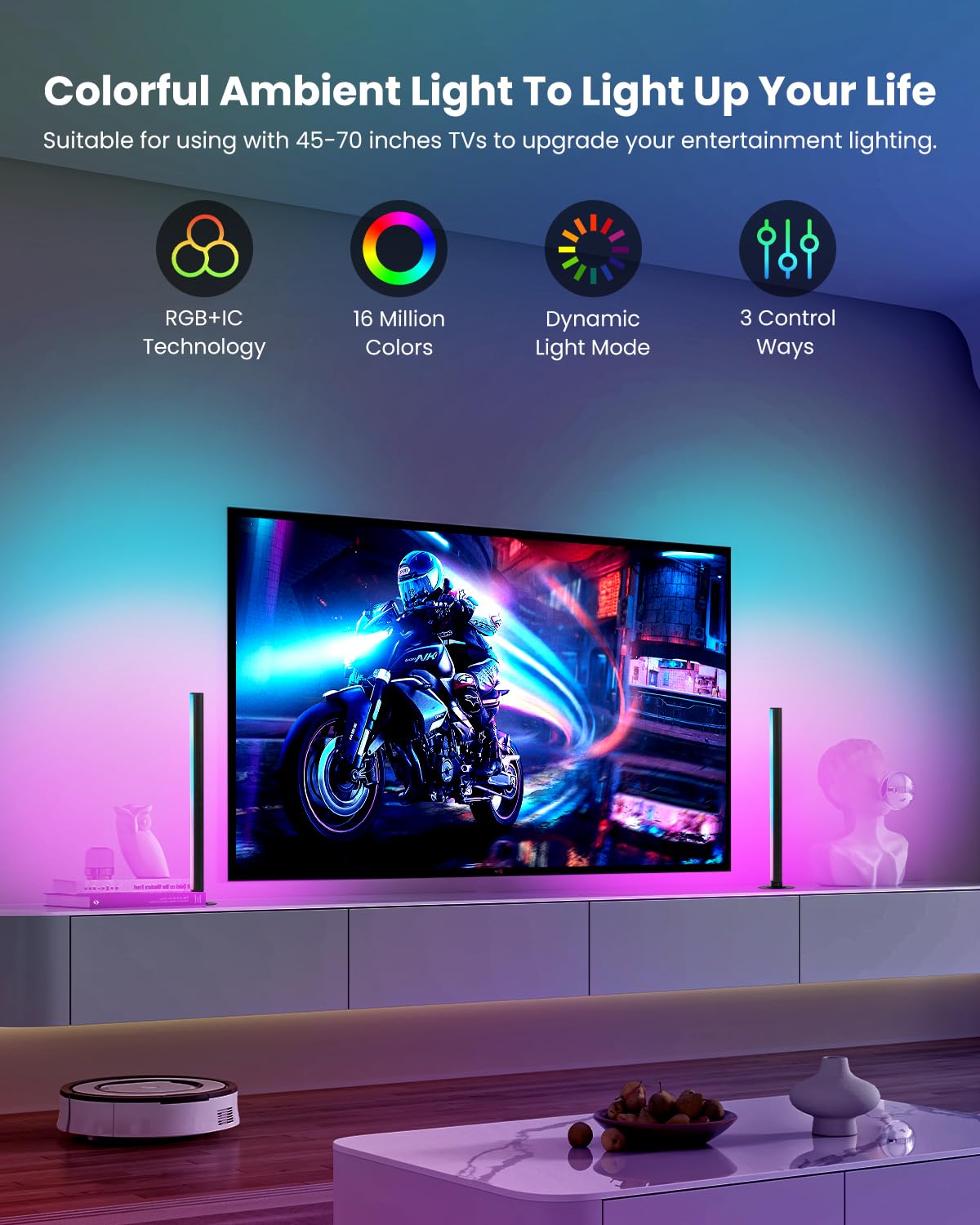 Smart RGB+IC LED Light Bars, 15 Inch Portable TV Backlight, Gaming Ambient Lighting, Color Changing Mood Light, APP Control, Voice Control, 44 Scene Mode, 16 Million Color, Music Sync, For TV, Monitor