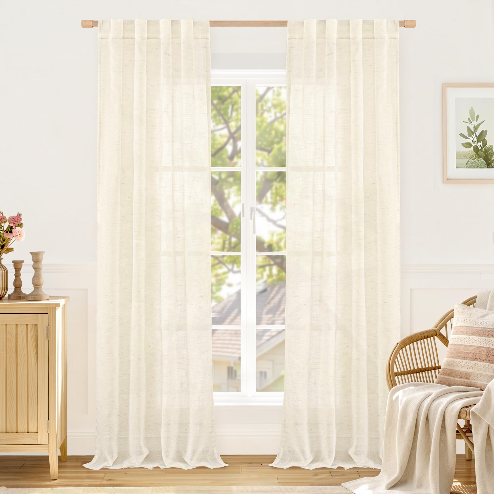 LAMIT Natural Linen Semi Sheer Curtains 84 Inches Long 2 Panels, Living Room Linen Textured Light Filtering Drapes Back Tab and Rod Pocket Neutral Window Panels for Bedroom/Sliding Door, 52 x 84 Inch — view 35