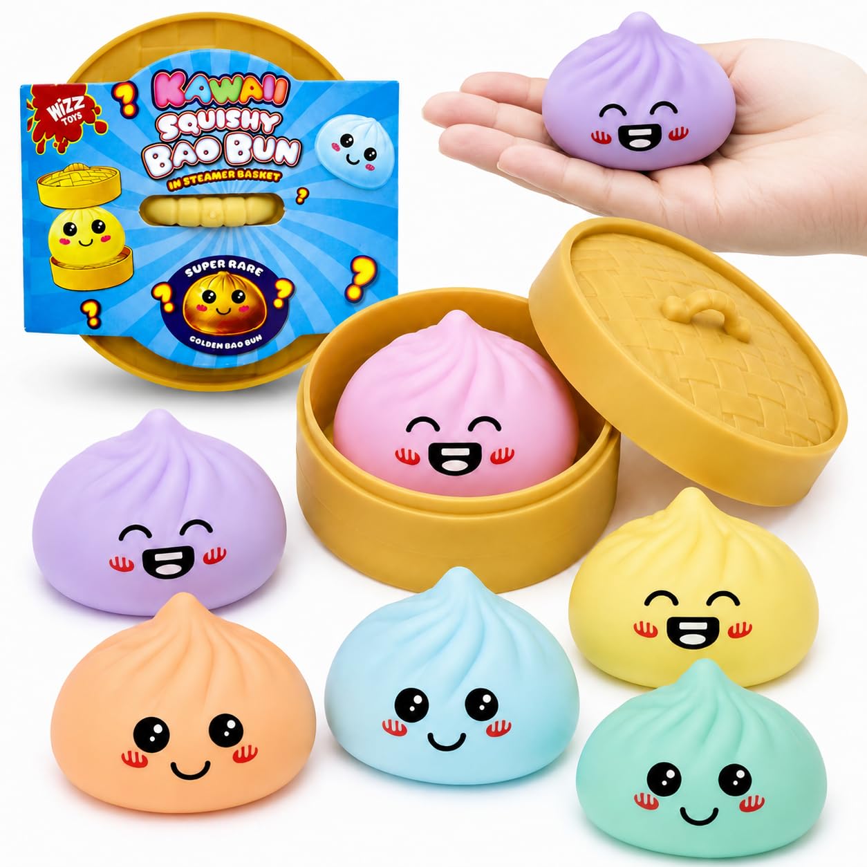 Mini Mystery Surprise Dumpling Toy 5cm - 3x Random Bao Bun with Reusable Steamer Box, Super Rare Golden Bao, Matte Dumpling Anti Anxiety Toys for Kids Age 3+
